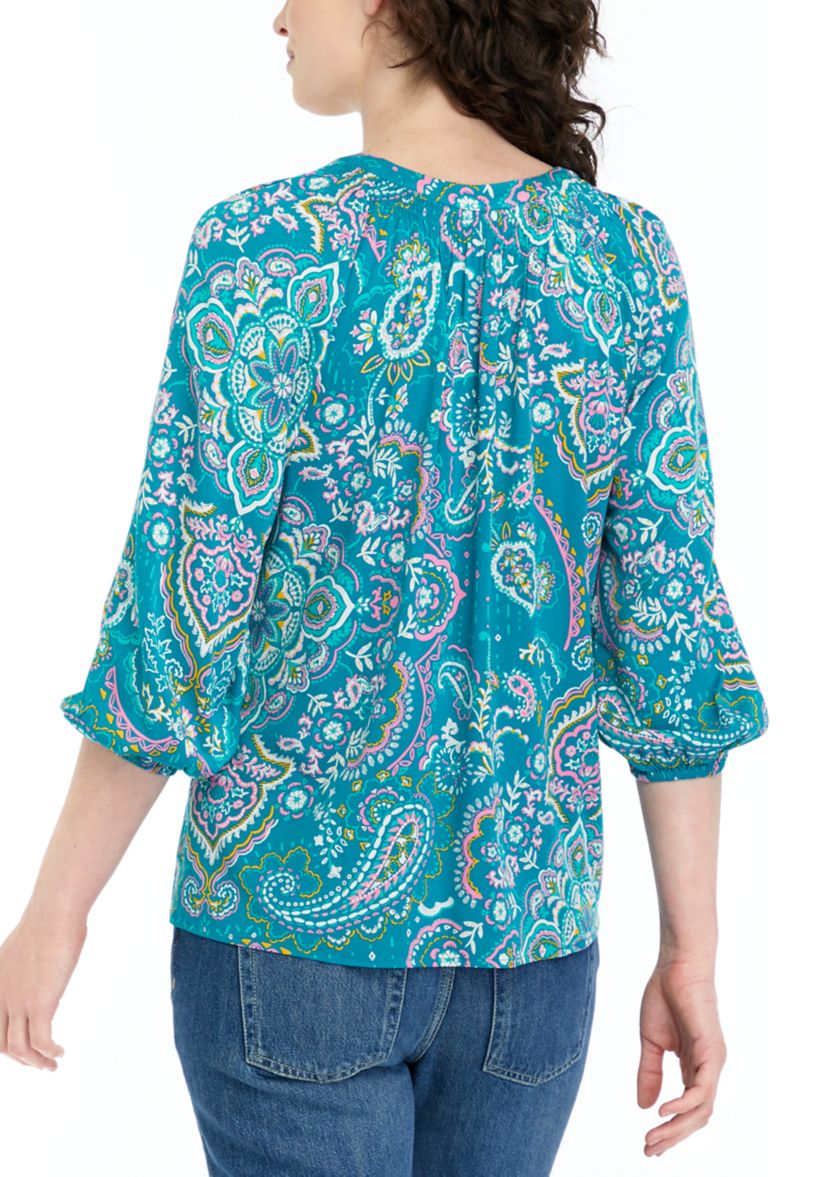 Womens Printed Split Neck Peasant Top