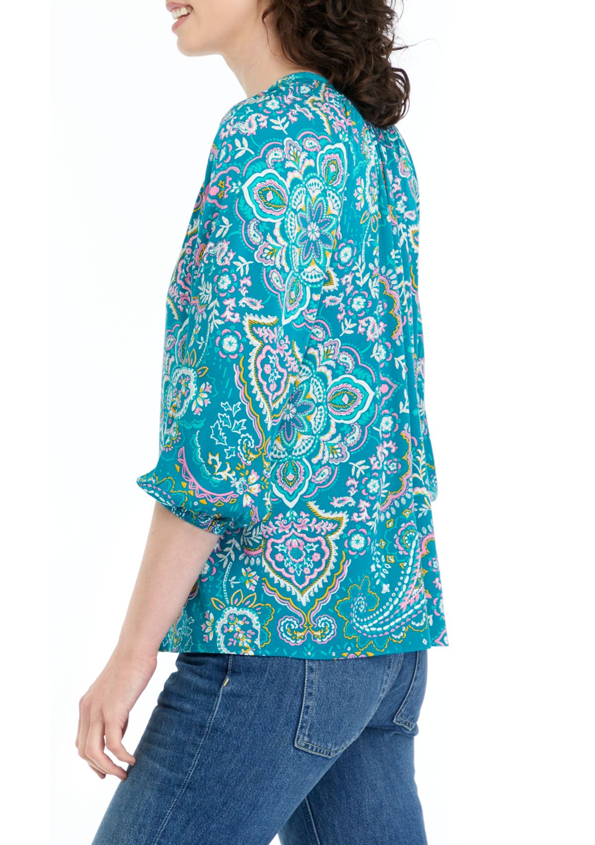 Womens Printed Split Neck Peasant Top