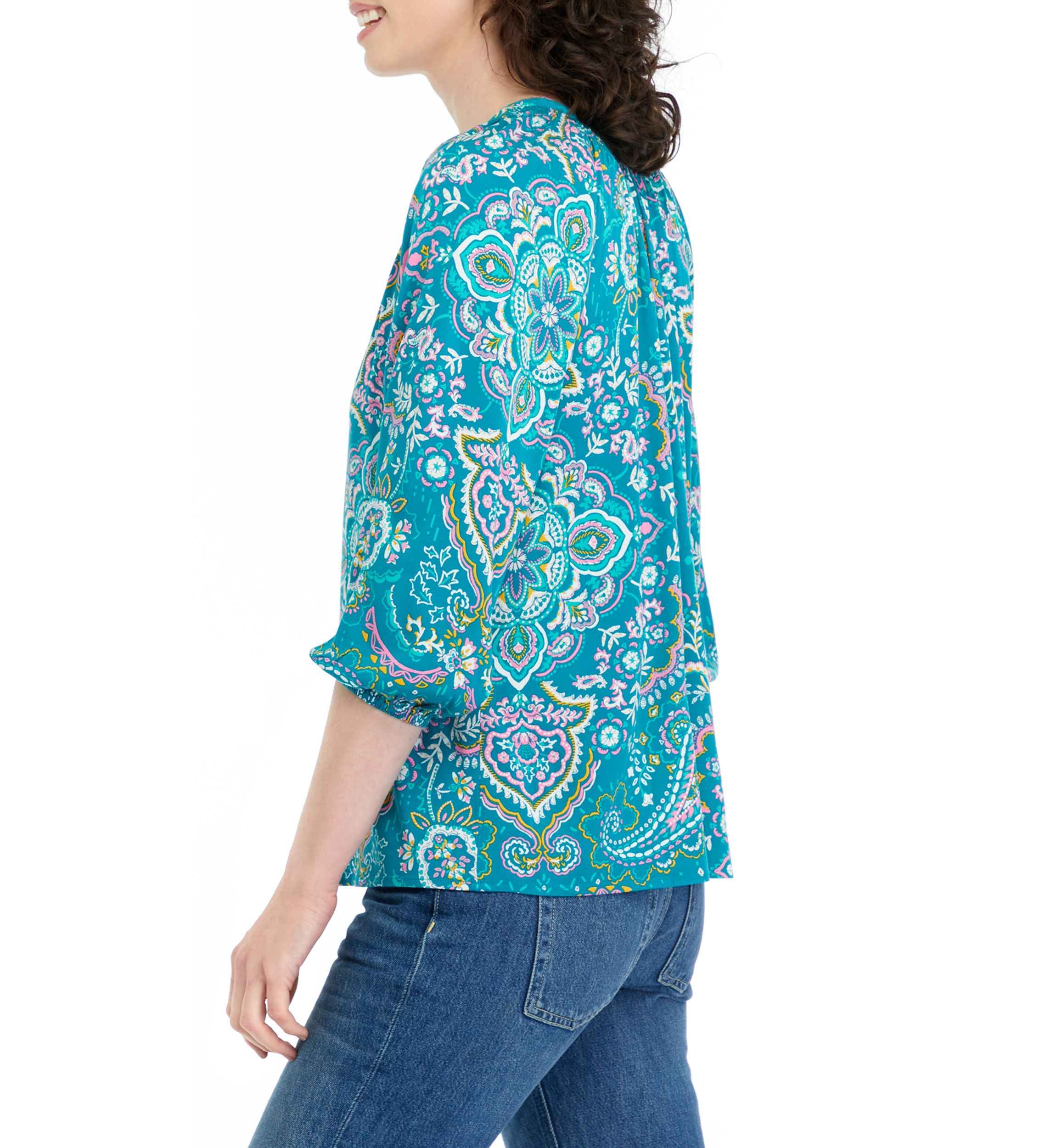 Womens Printed Split Neck Peasant Top