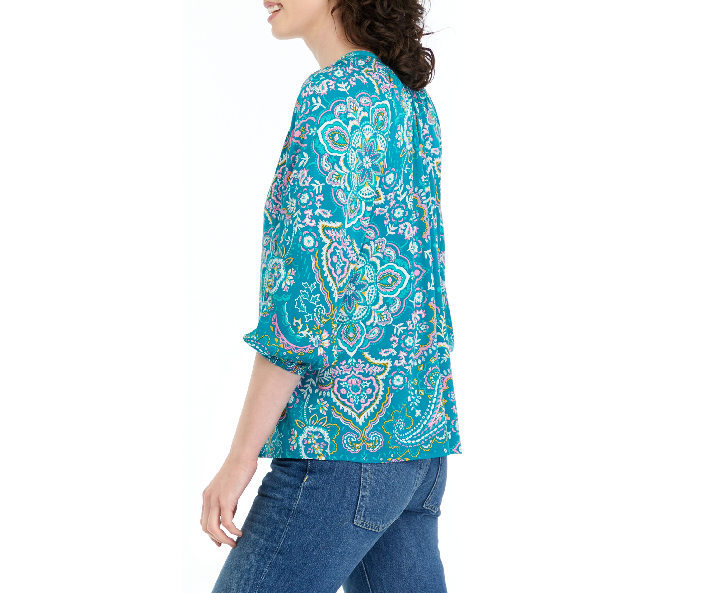 Womens Printed Split Neck Peasant Top