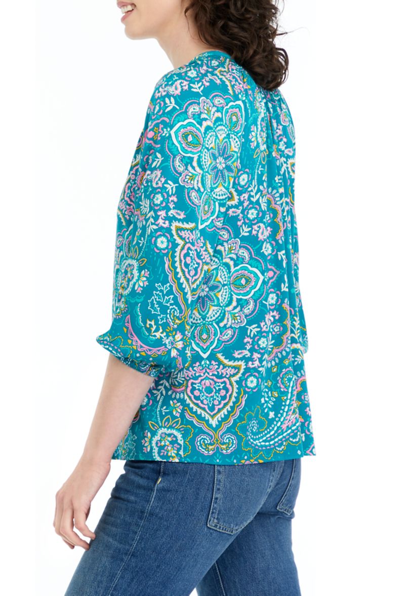 Womens Printed Split Neck Peasant Top