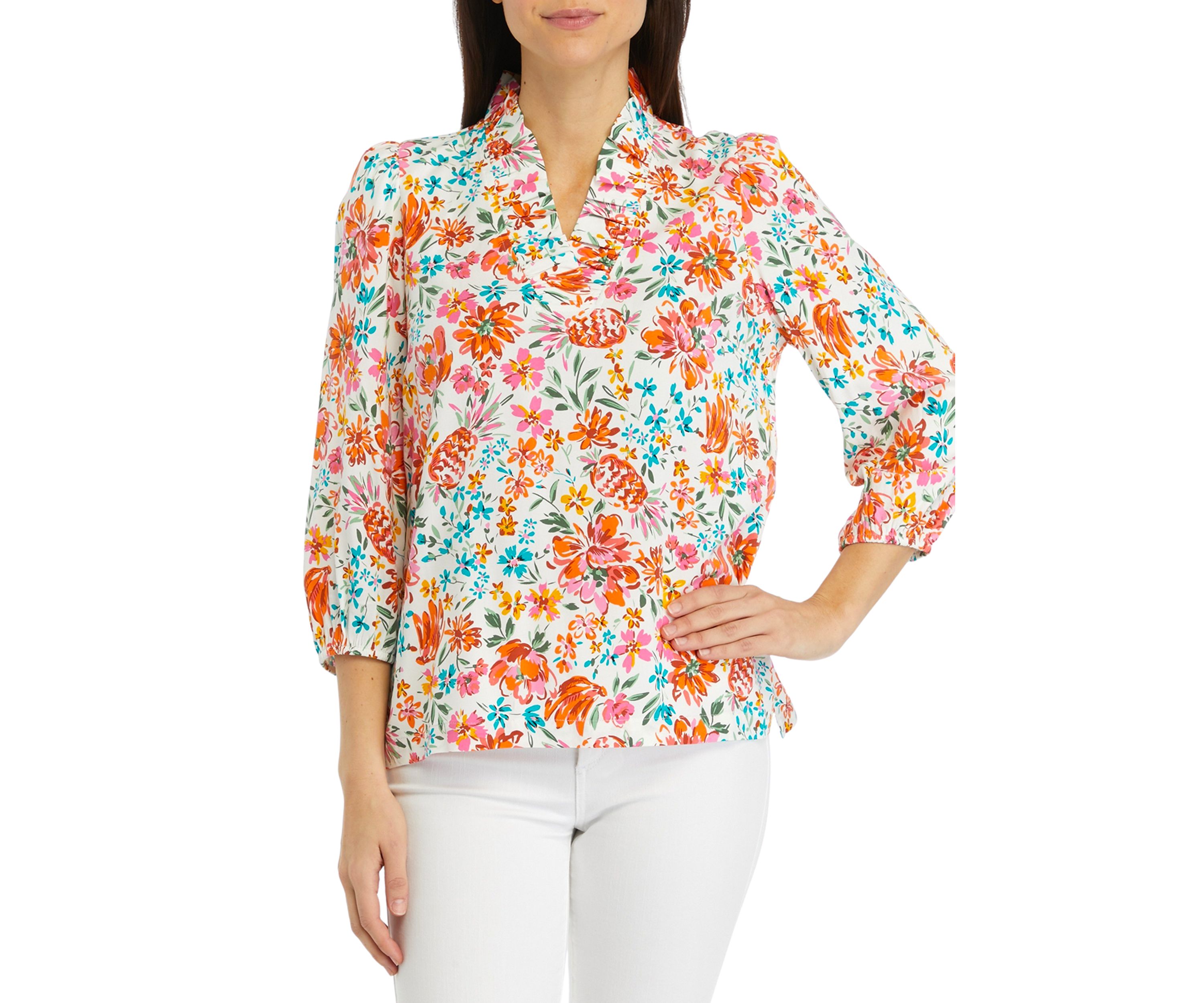 Womens Ruffle Neck Printed Top