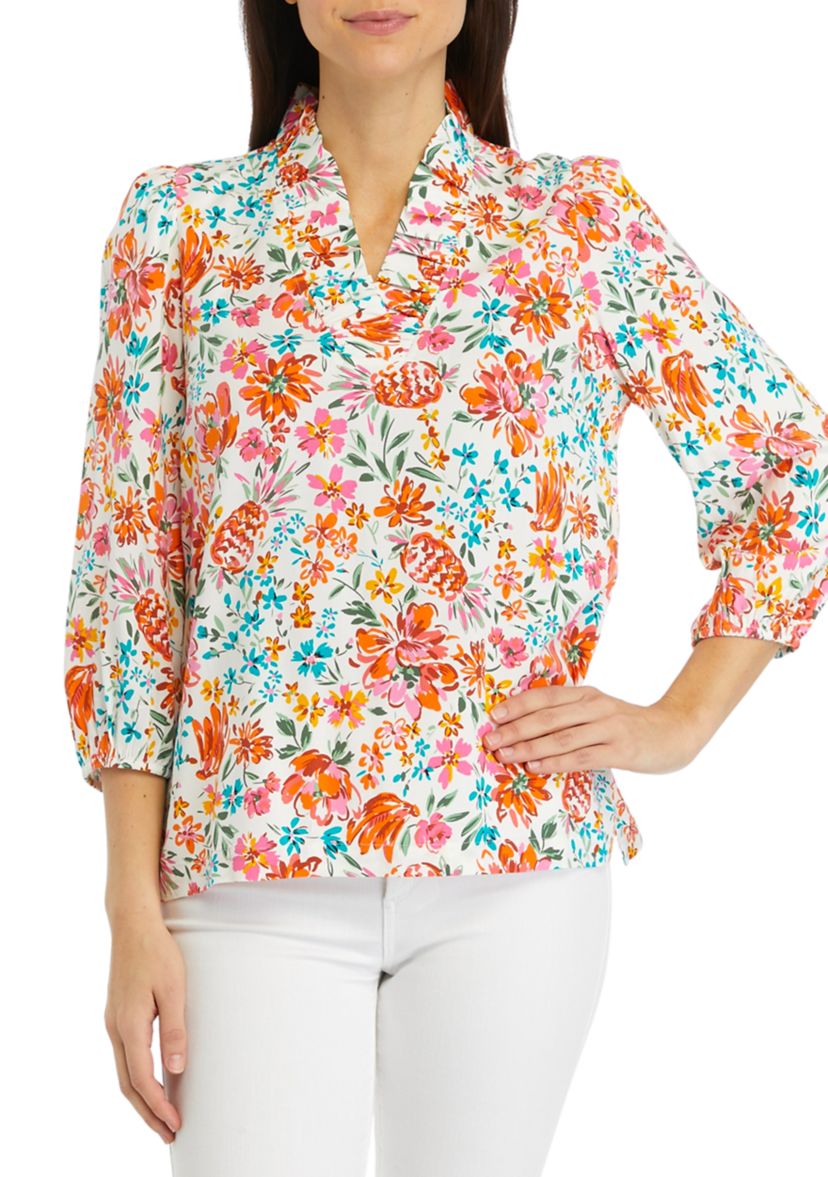 Womens Ruffle Neck Printed Top