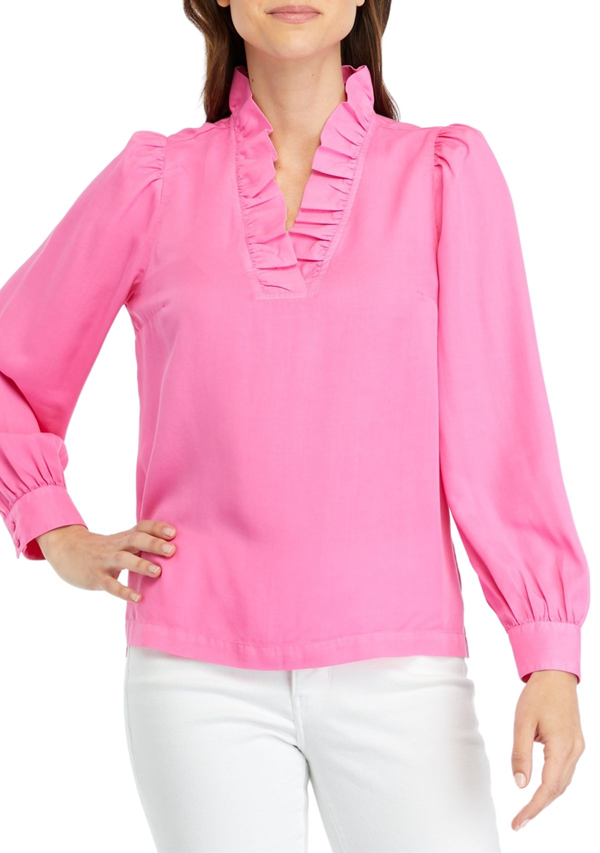 Womens Solid Ruffle Neck Top