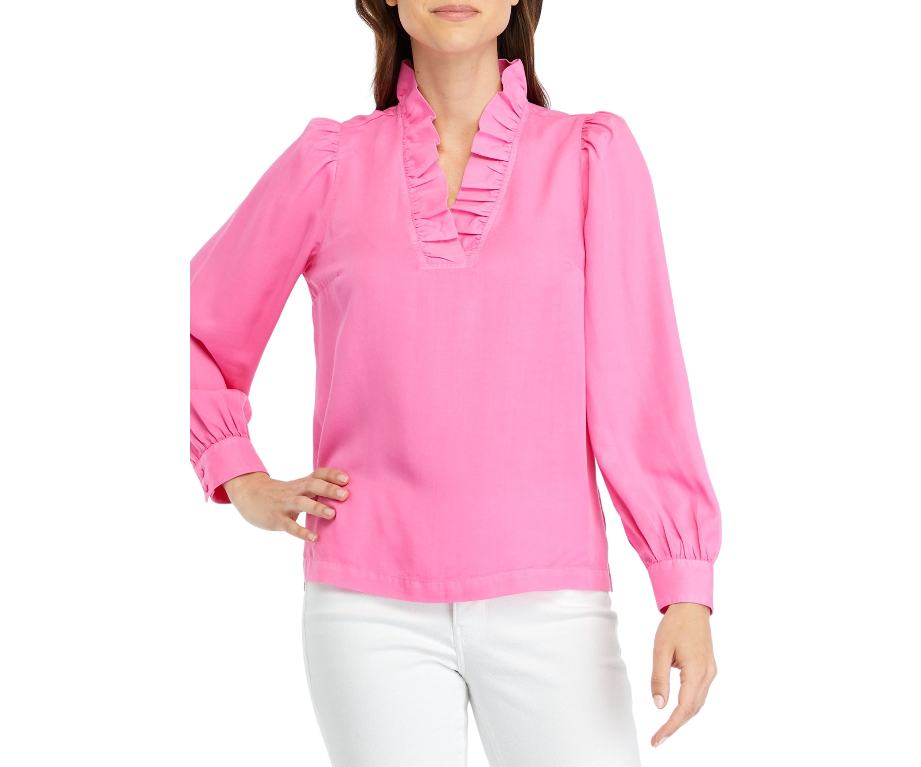 Womens Solid Ruffle Neck Top
