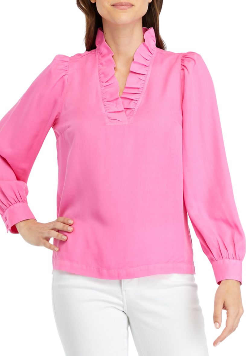 Womens Solid Ruffle Neck Top