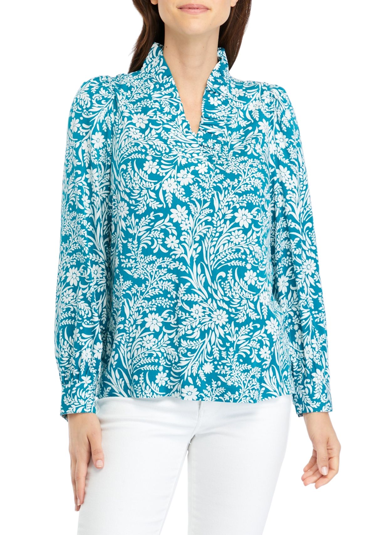 Womens Ruffle Neck Printed Top
