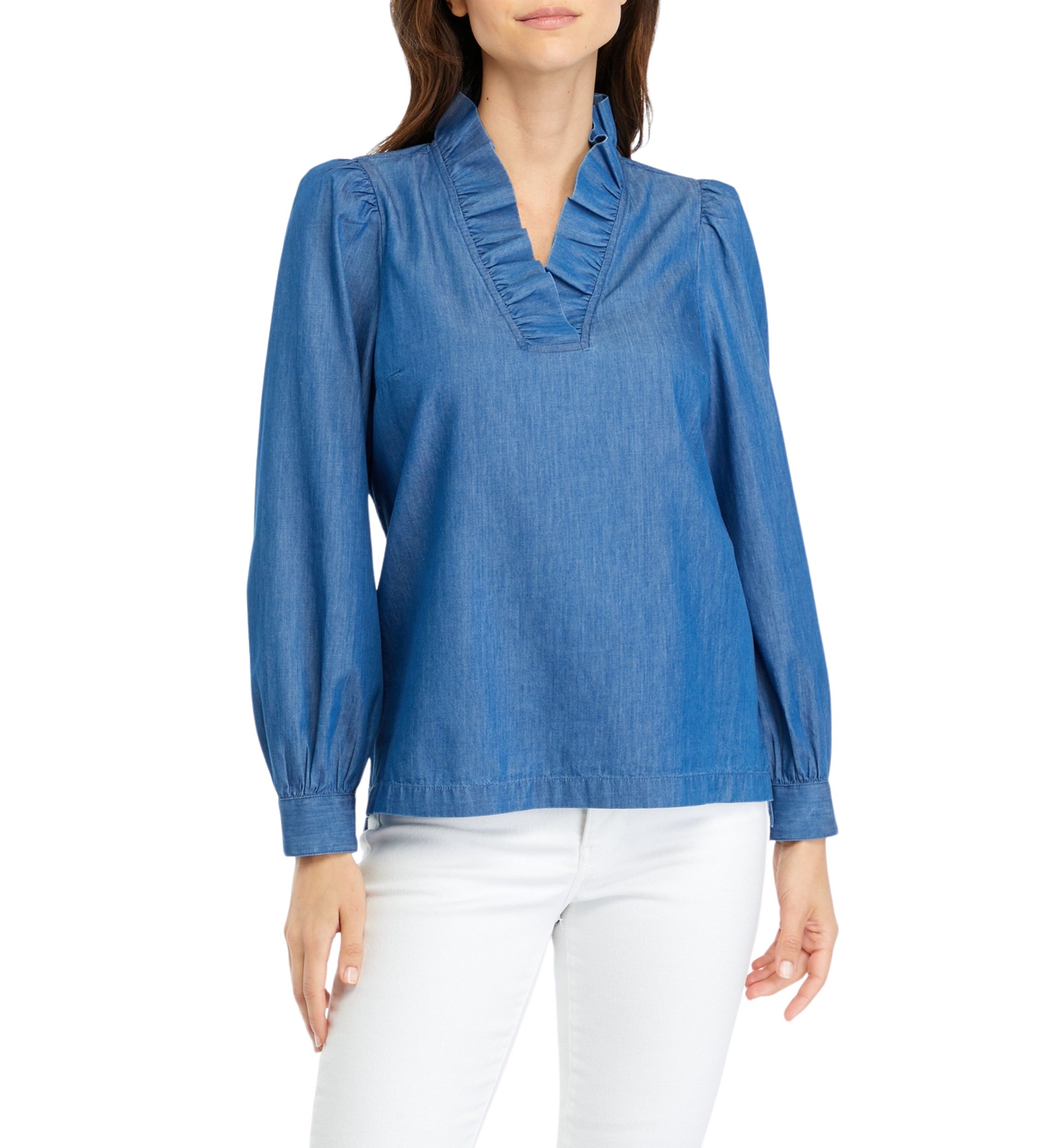 Womens Solid Ruffle Neck Top