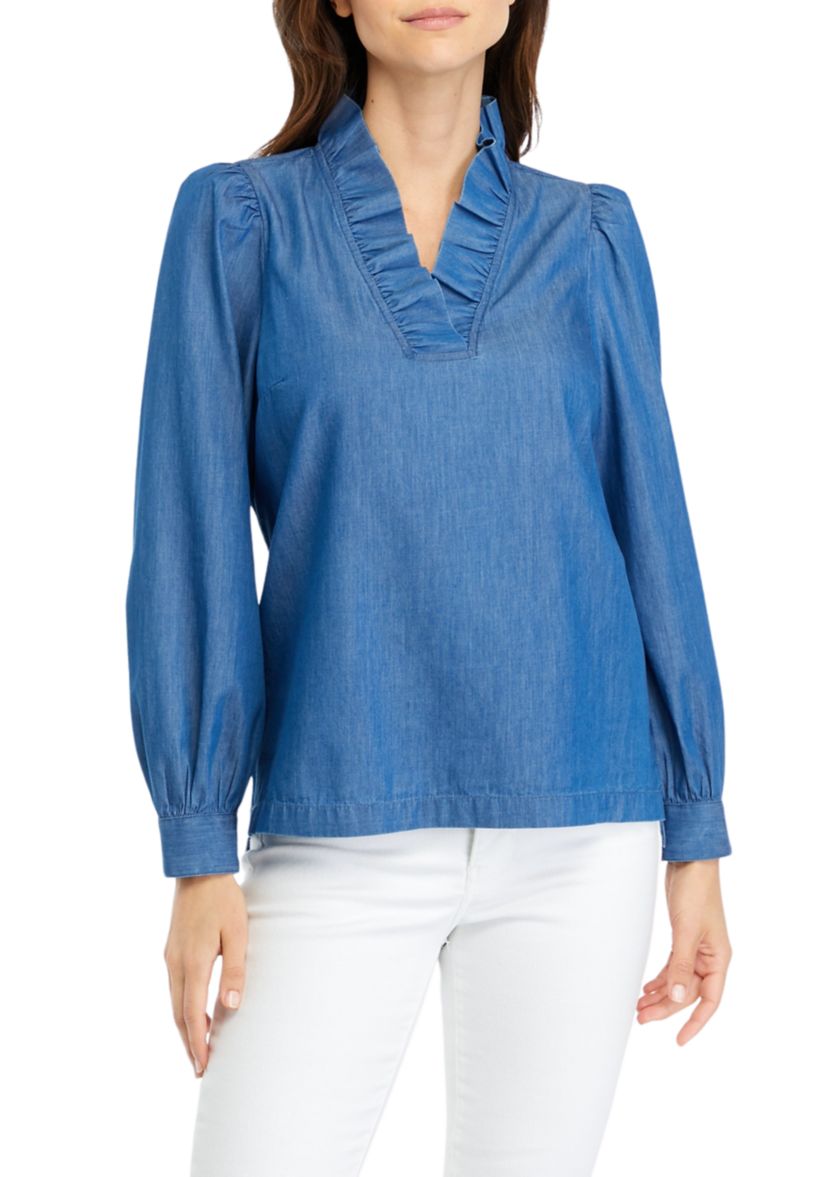 Womens Solid Ruffle Neck Top