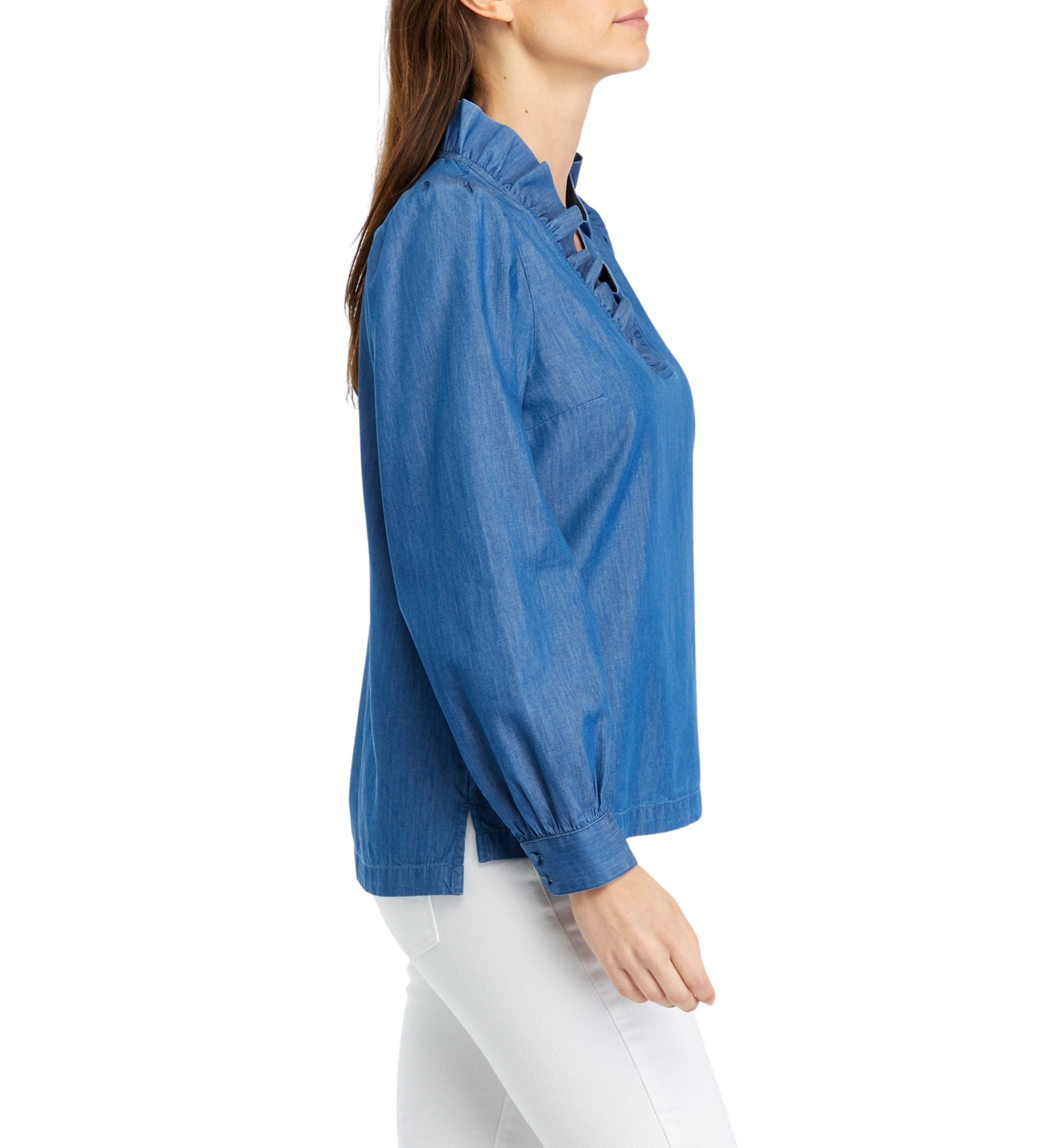 Womens Solid Ruffle Neck Top