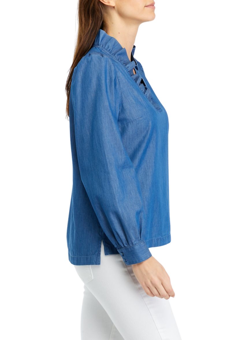 Womens Solid Ruffle Neck Top