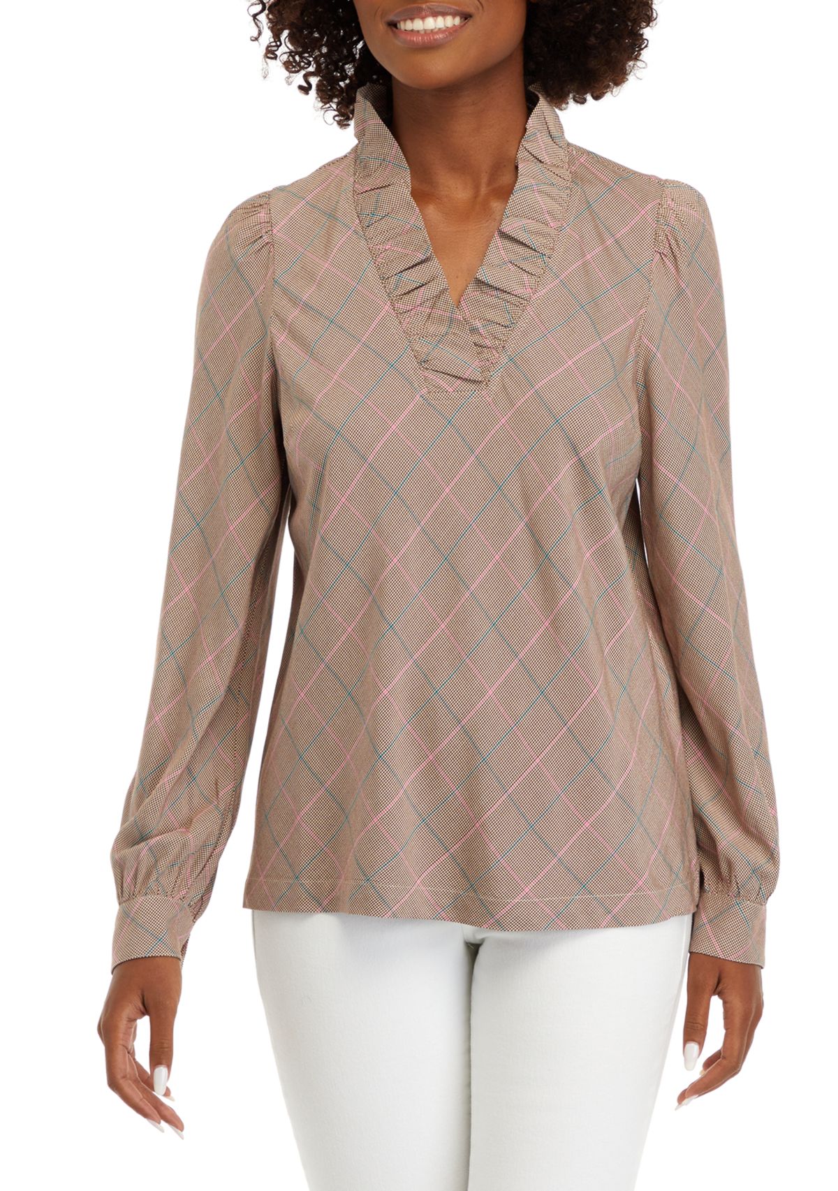 Womens Long Sleeve Ruffle Neck Plaid Top 
