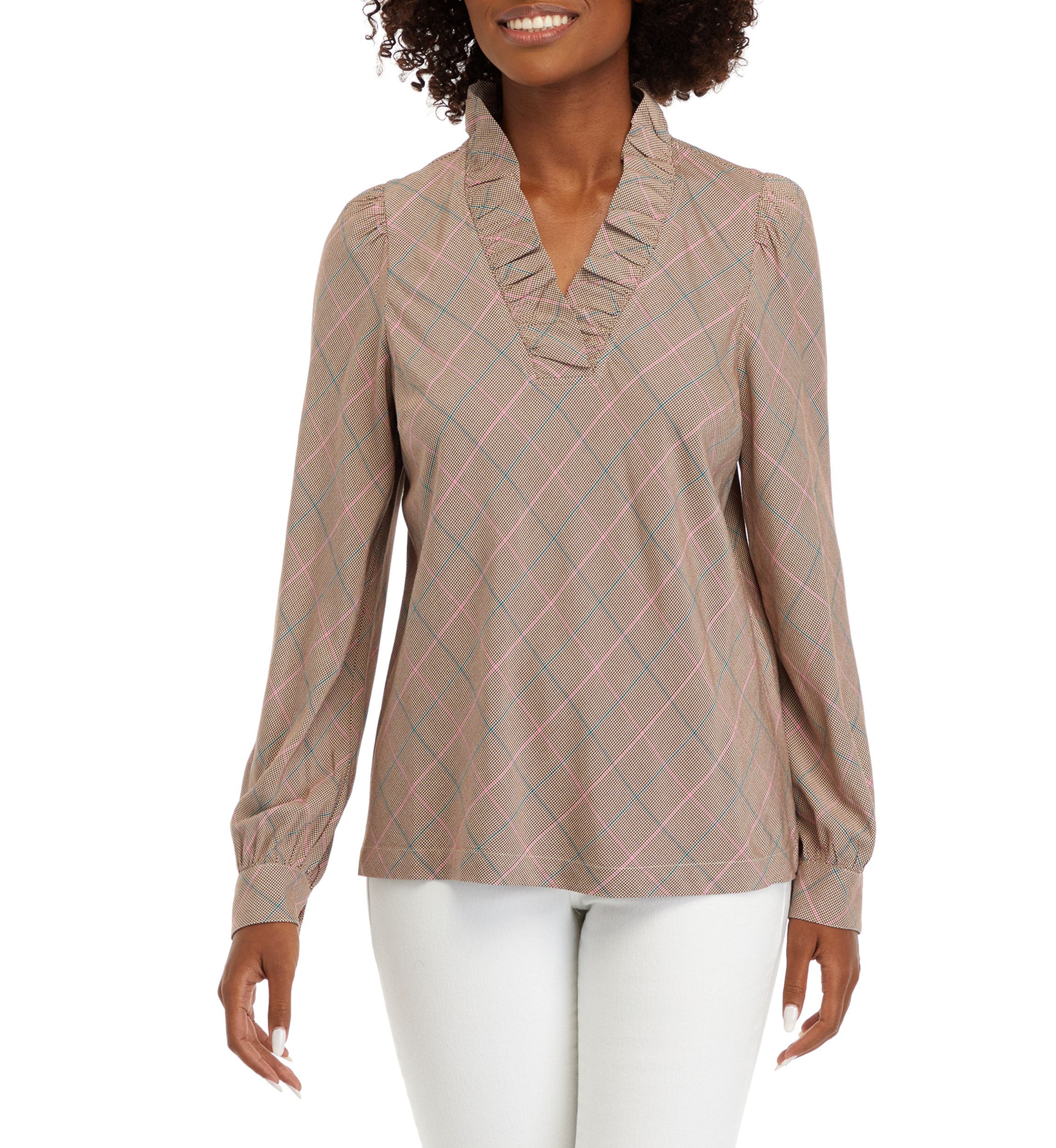 Womens Long Sleeve Ruffle Neck Plaid Top 