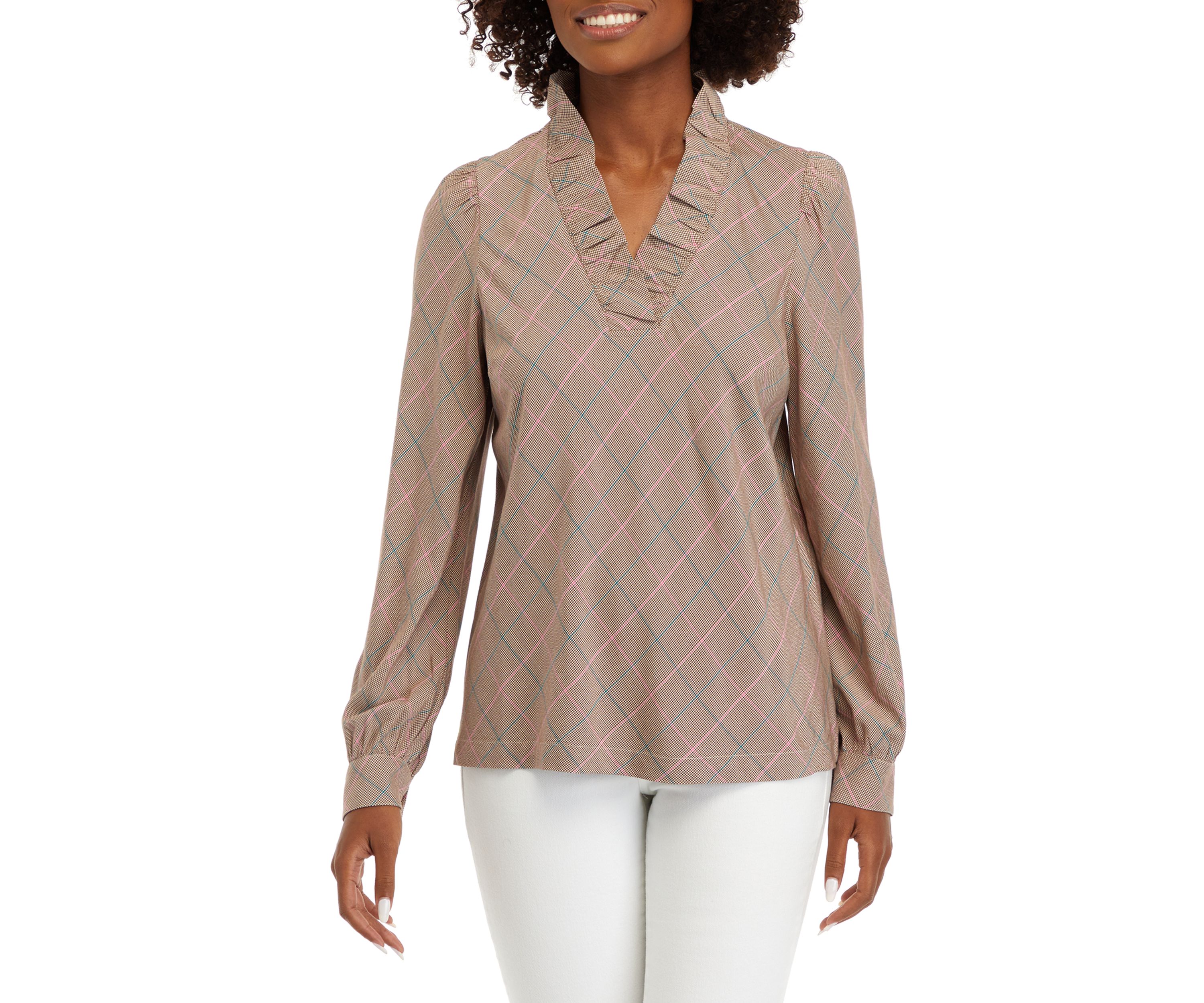 Womens Long Sleeve Ruffle Neck Plaid Top 