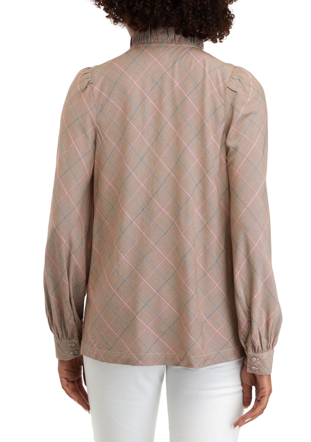 Womens Long Sleeve Ruffle Neck Plaid Top 