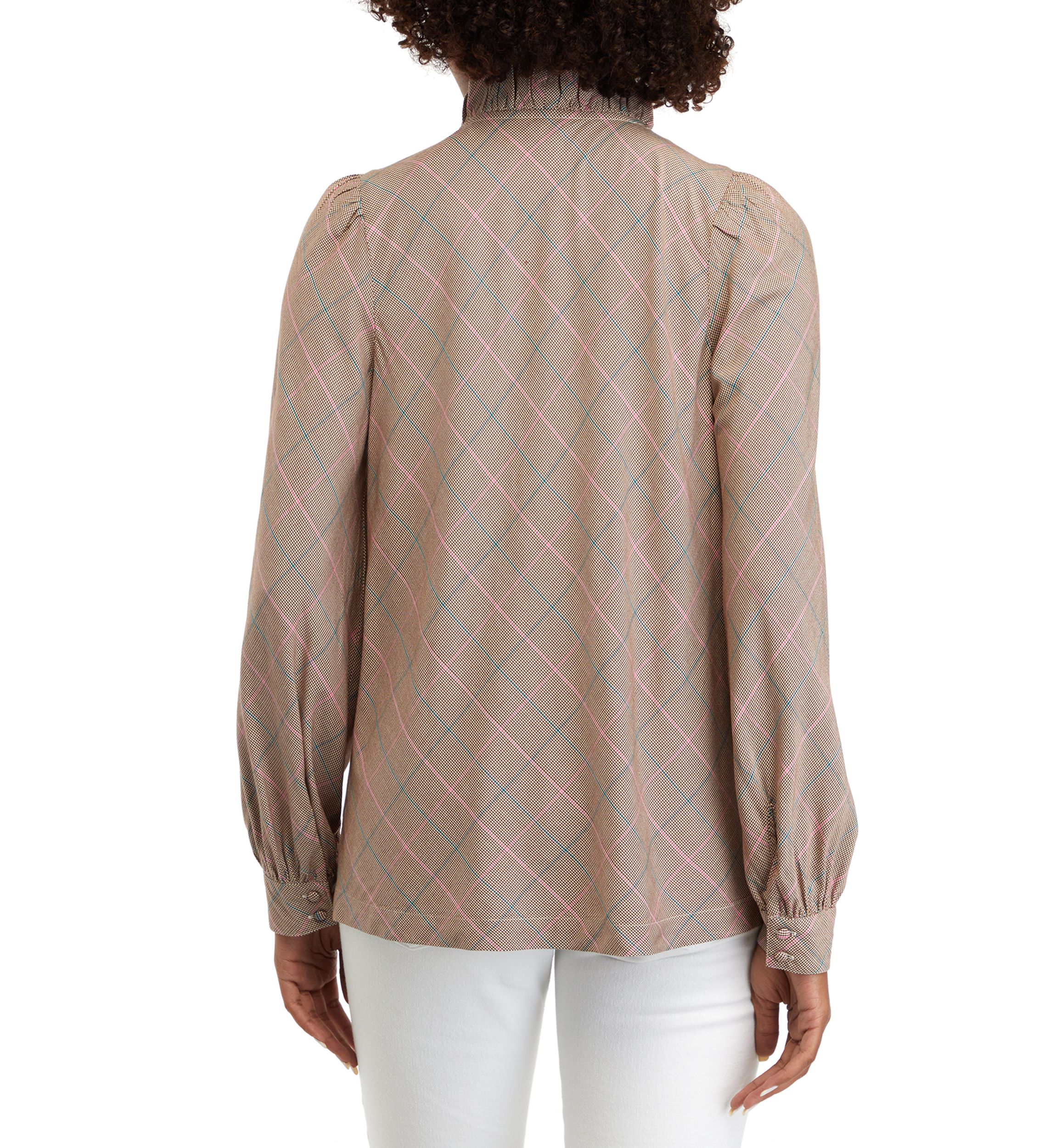Womens Long Sleeve Ruffle Neck Plaid Top 