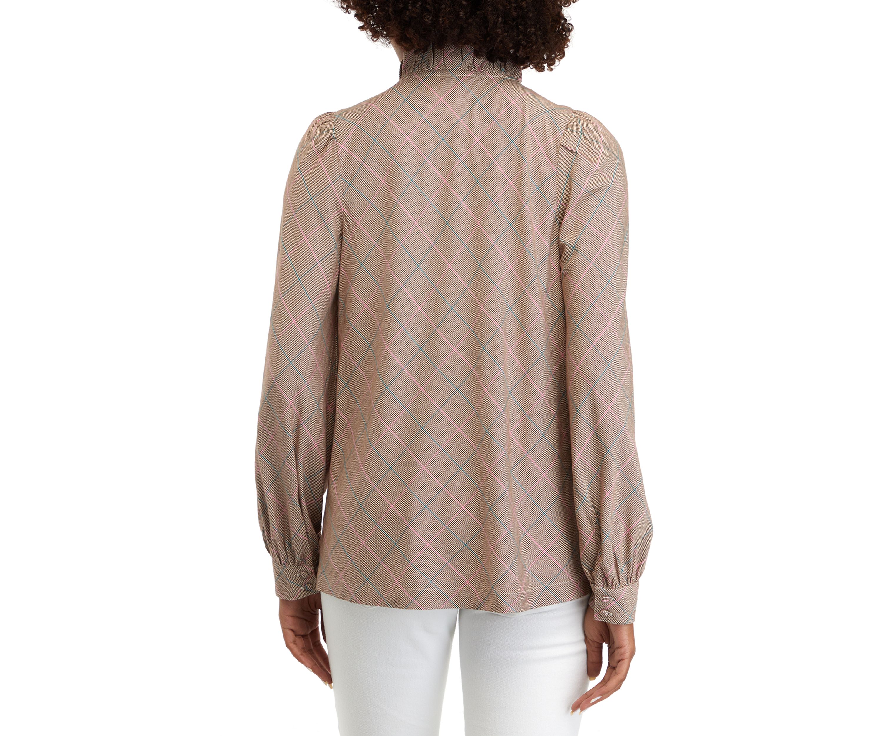 Womens Long Sleeve Ruffle Neck Plaid Top 