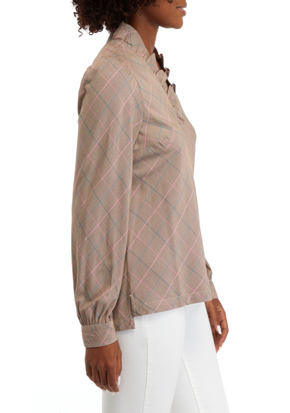 Womens Long Sleeve Ruffle Neck Plaid Top 