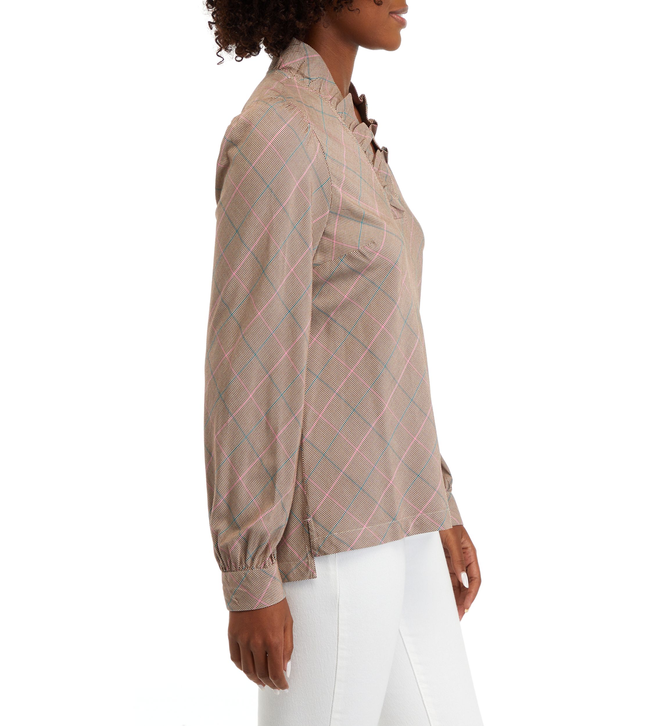 Womens Long Sleeve Ruffle Neck Plaid Top 