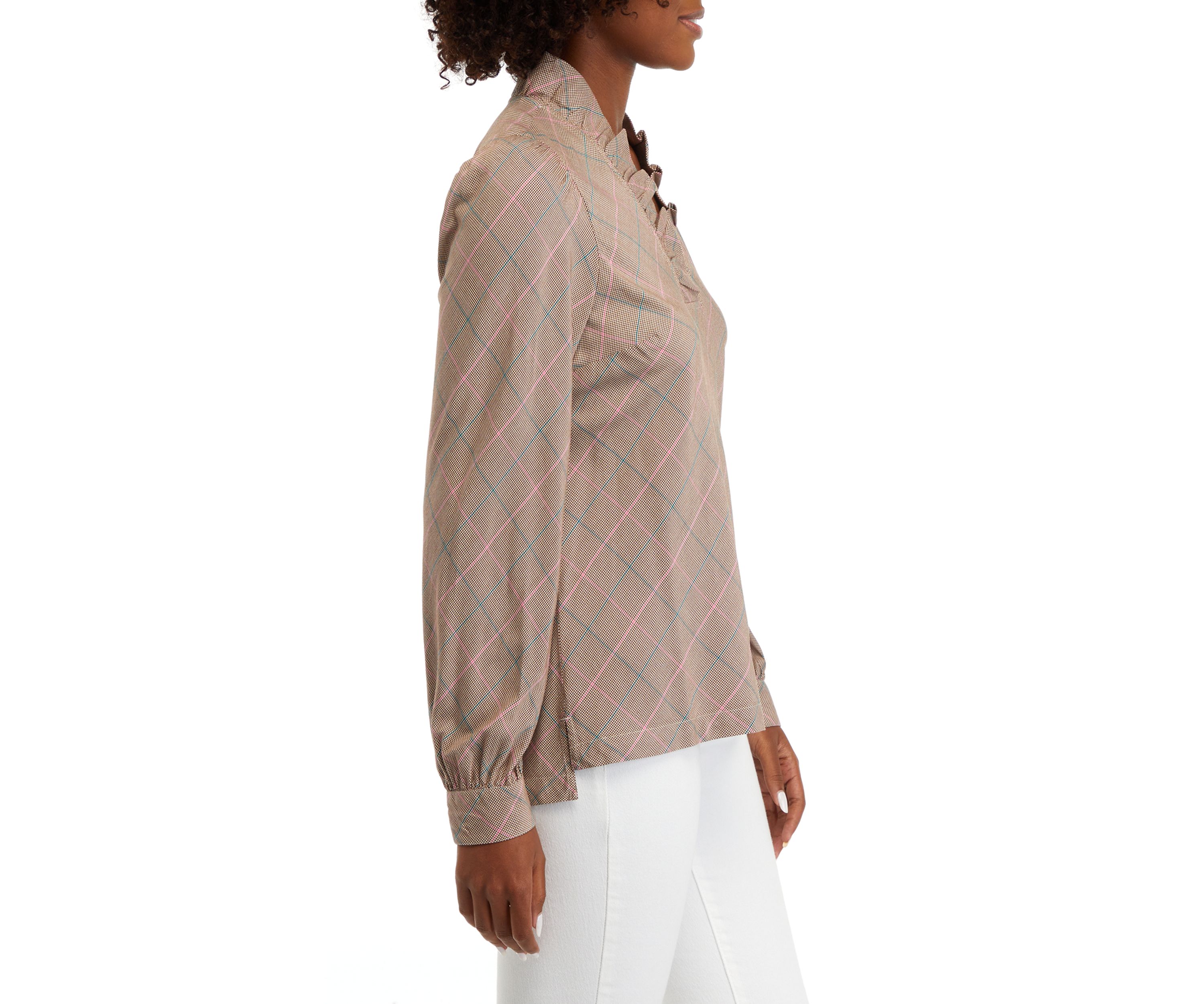 Womens Long Sleeve Ruffle Neck Plaid Top 