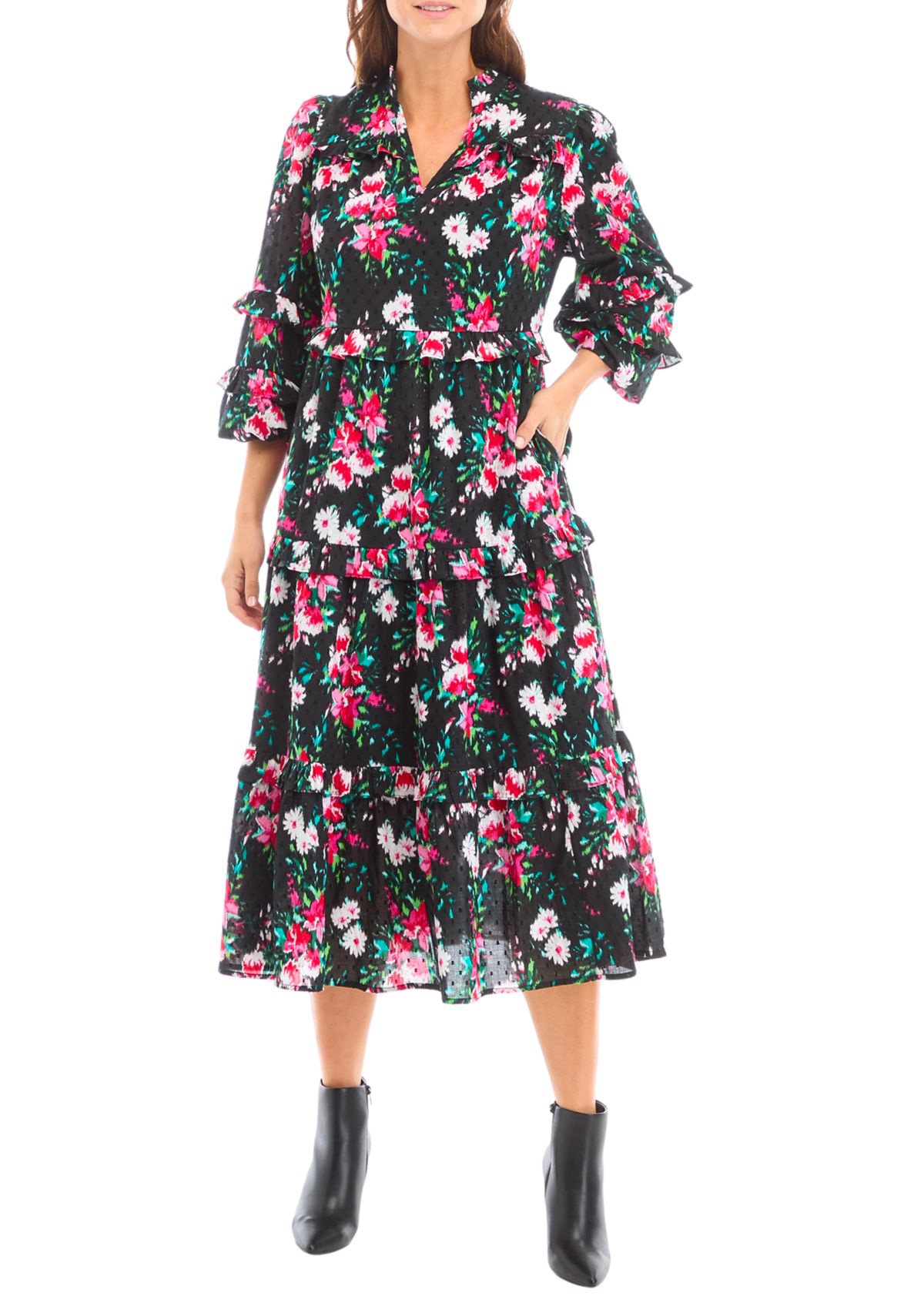 Womens Long Ruffle Sleeve Printed Dress
