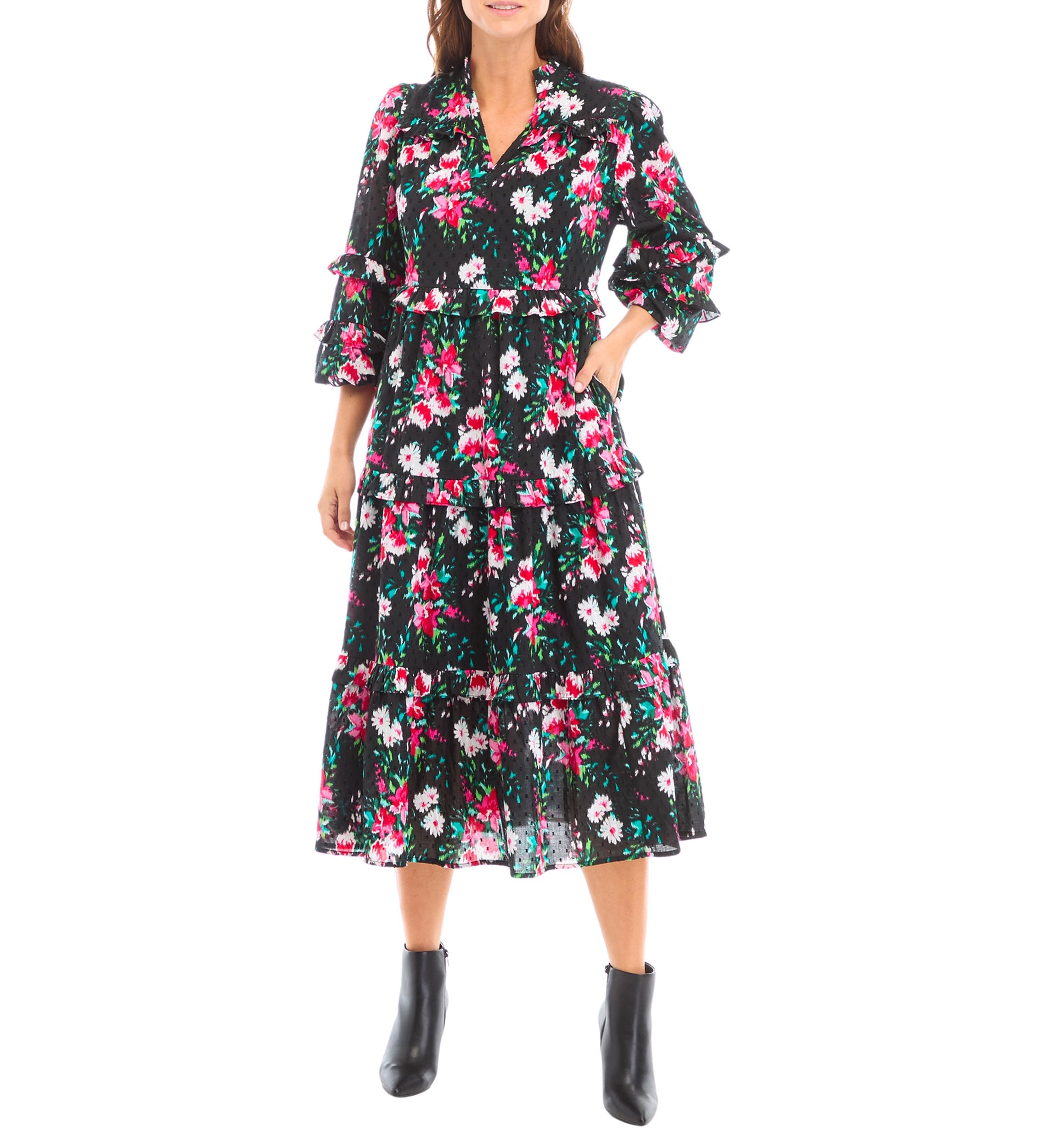 Womens Long Ruffle Sleeve Printed Dress