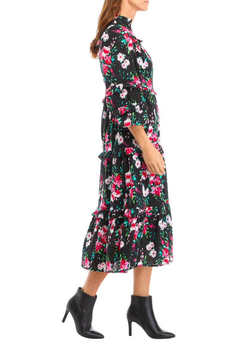 Womens Long Ruffle Sleeve Printed Dress