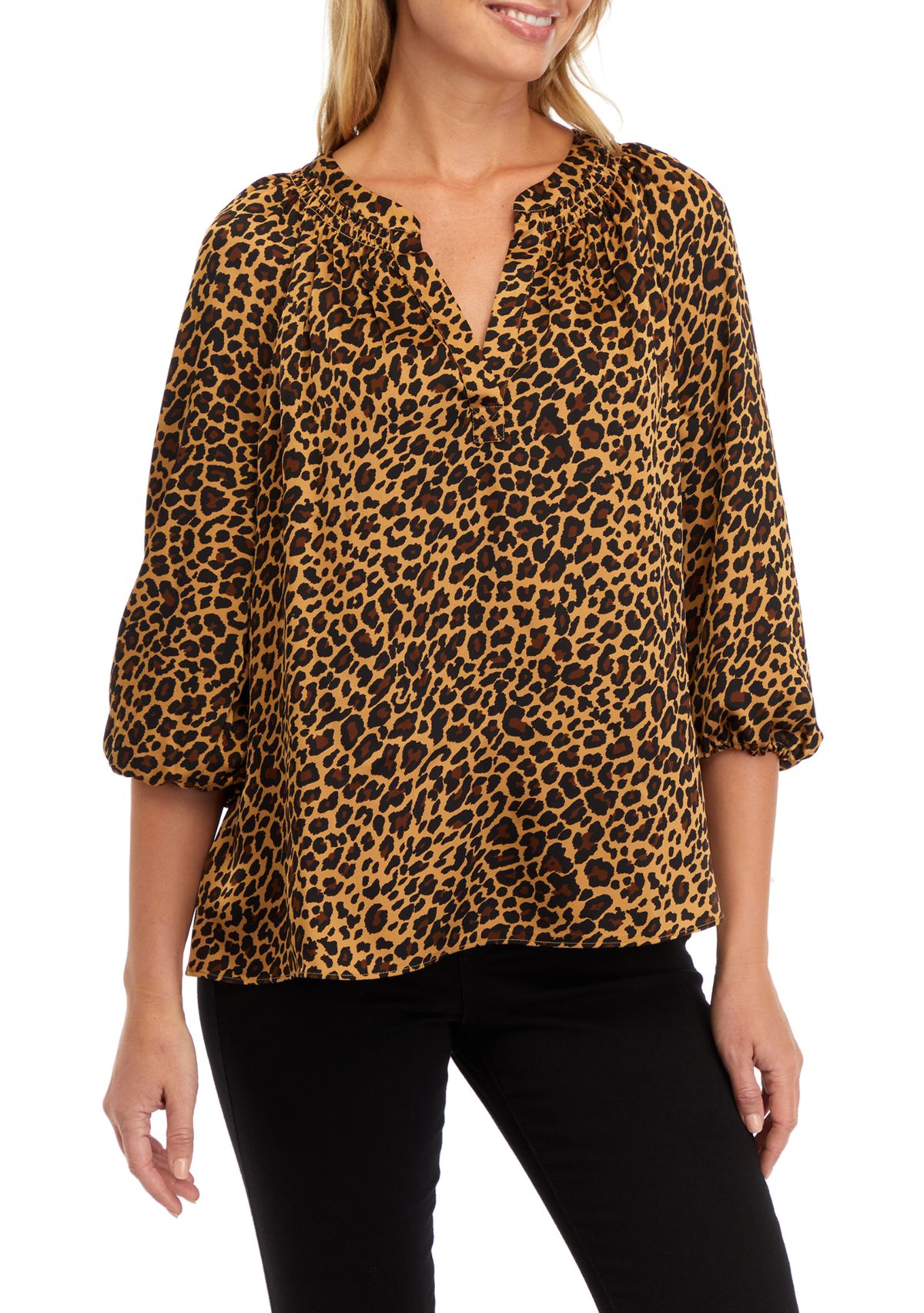 Womens 3/4 Sleeve Leopard Print Peasant Top