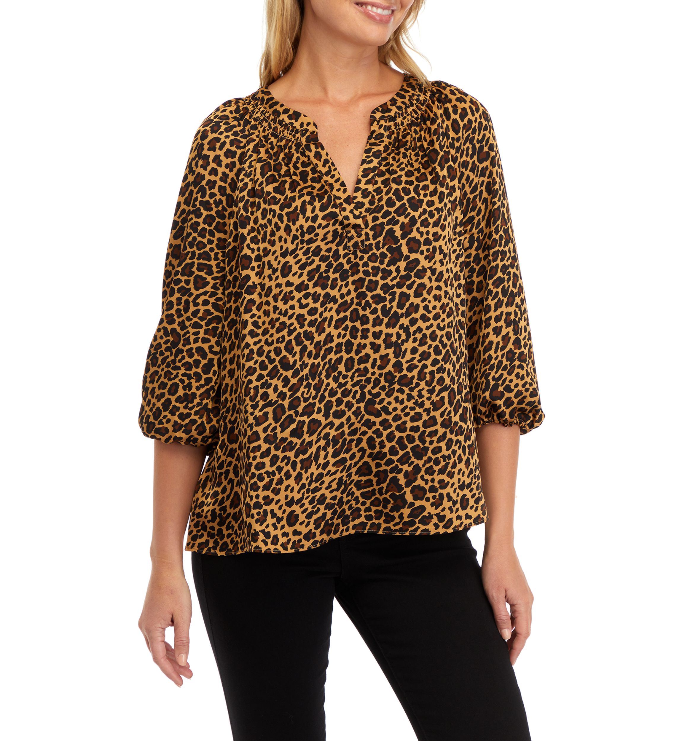 Womens 3/4 Sleeve Leopard Print Peasant Top