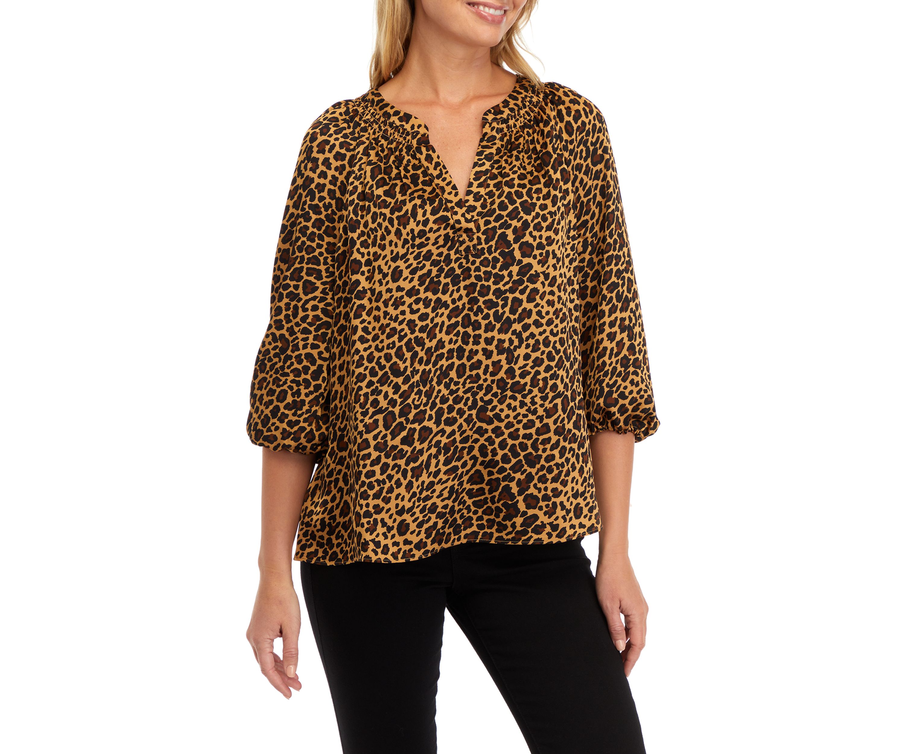 Womens 3/4 Sleeve Leopard Print Peasant Top