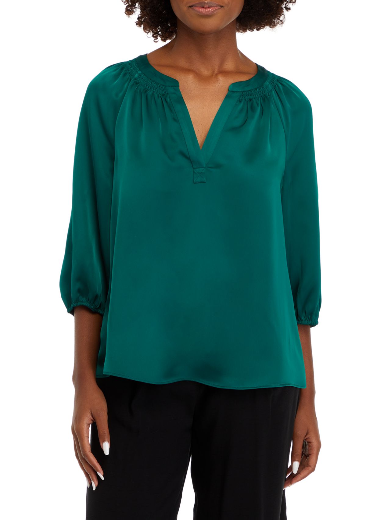 Womens Solid Satin Peasant Top