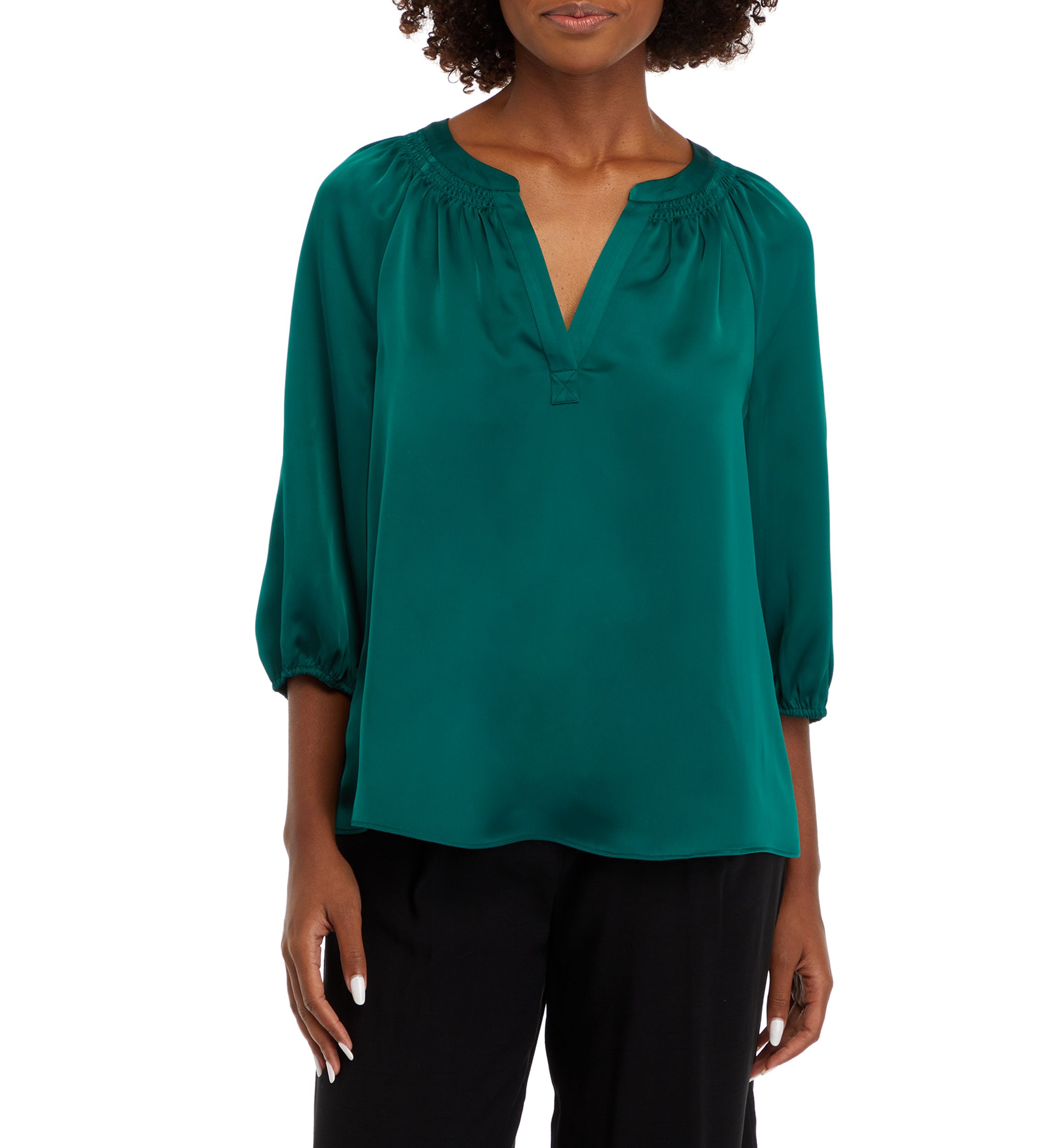 Womens Solid Satin Peasant Top