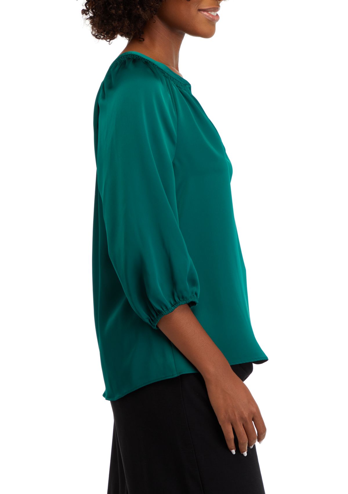 Womens Solid Satin Peasant Top