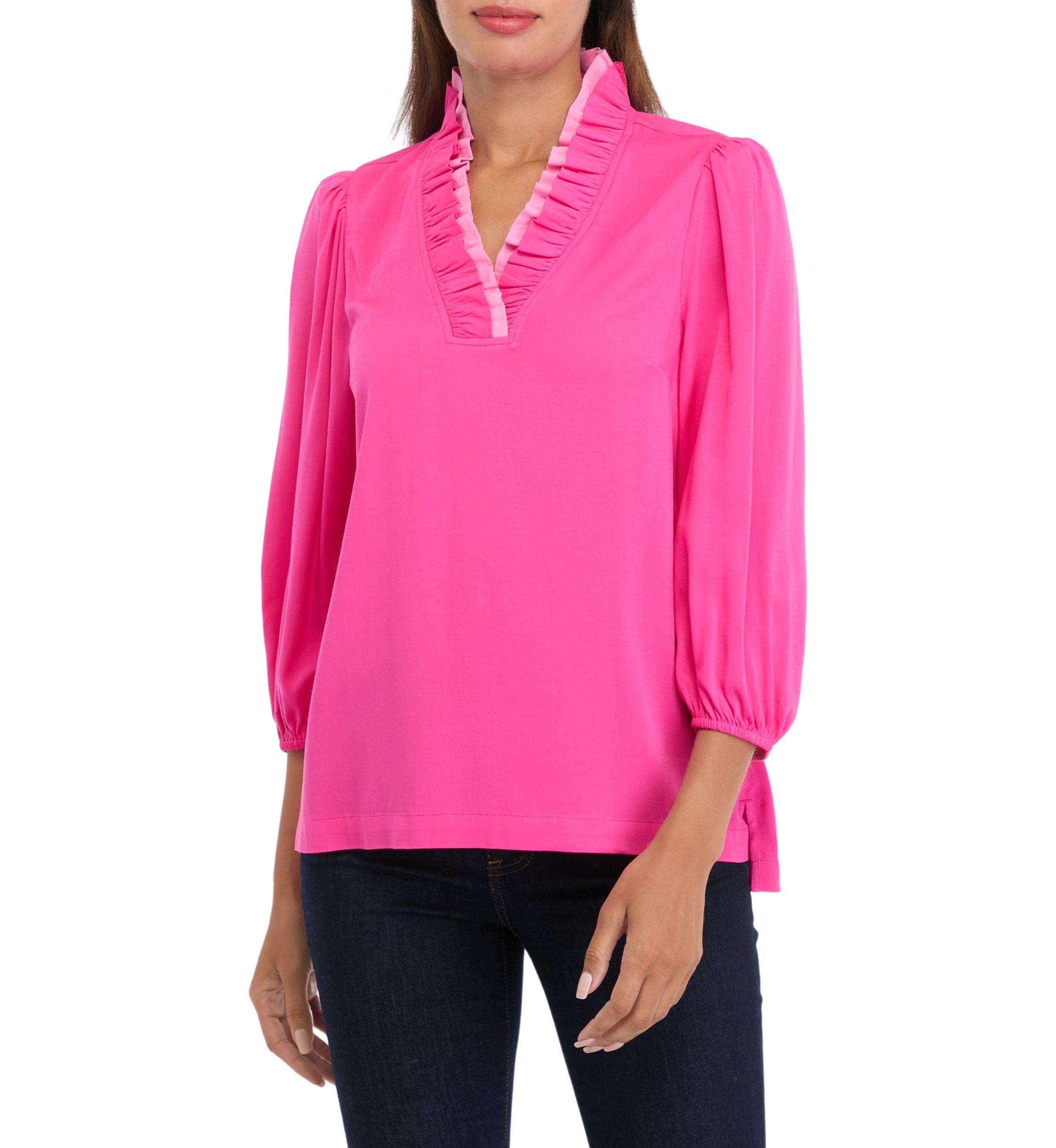 Womens Blouson Sleeve Ruffle Neck Top 