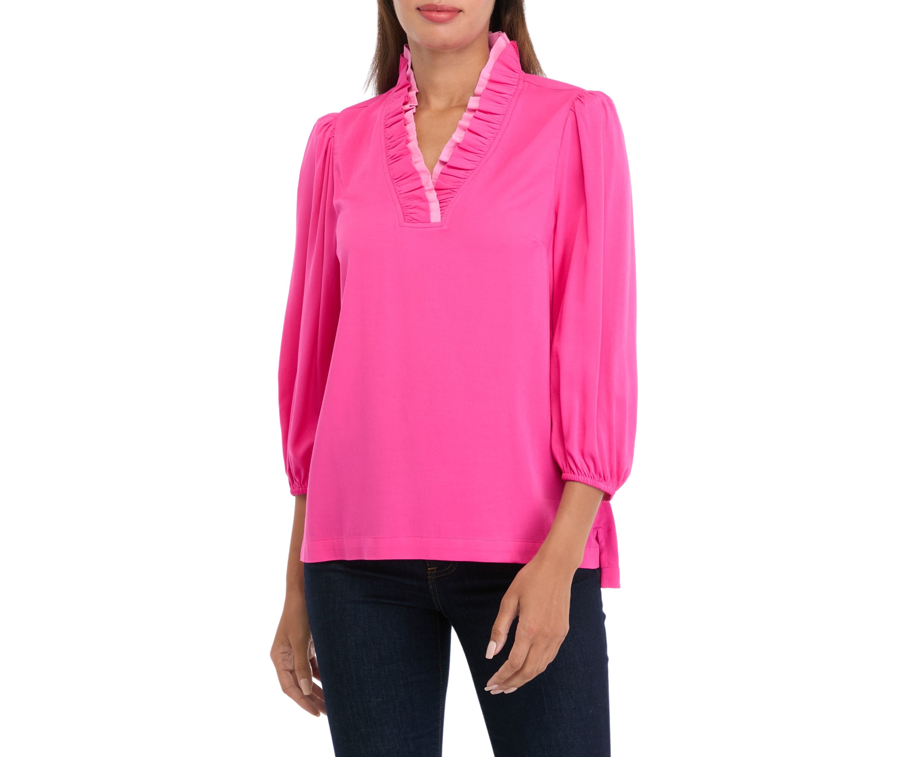 Womens Blouson Sleeve Ruffle Neck Top 