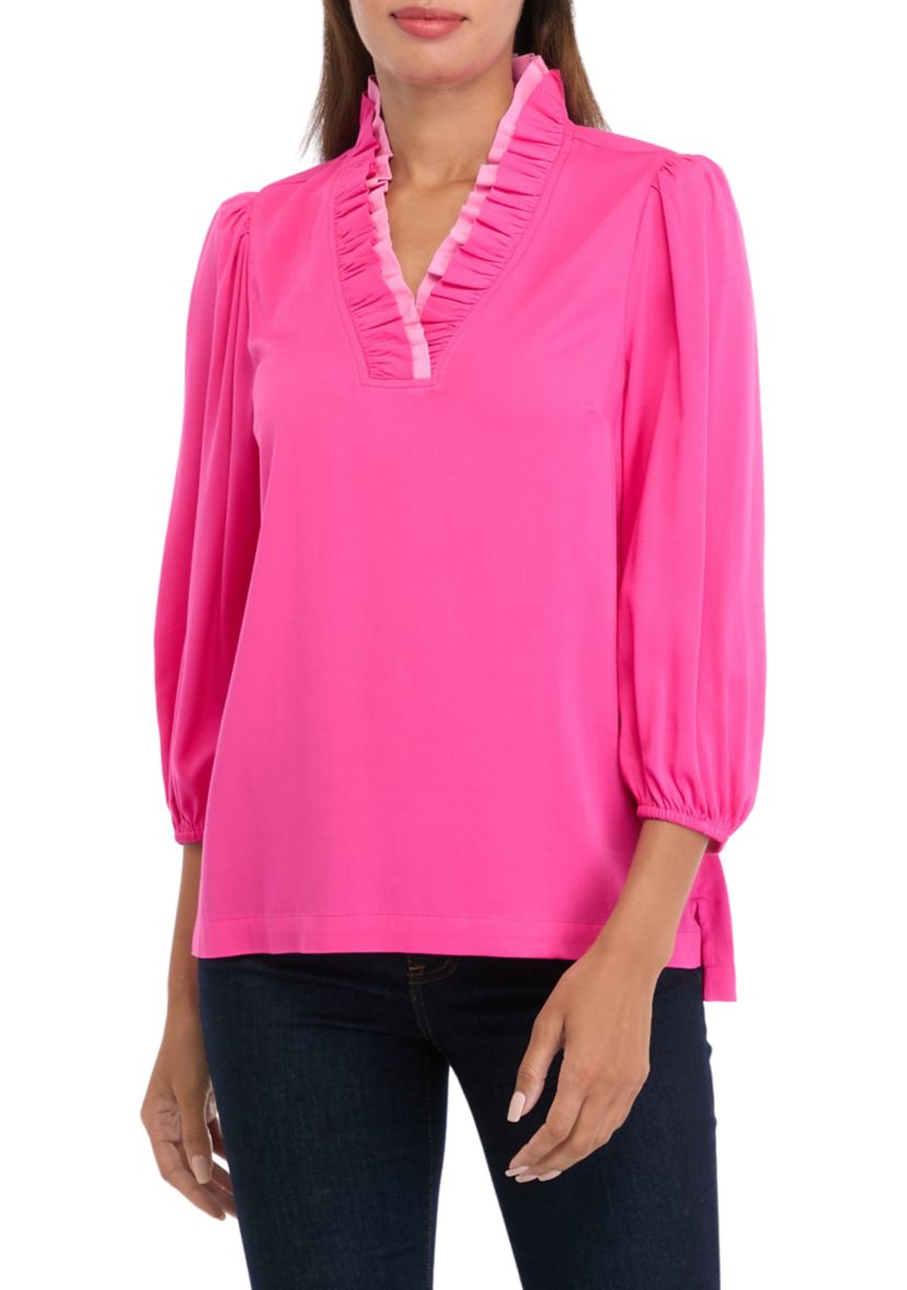 Womens Blouson Sleeve Ruffle Neck Top 