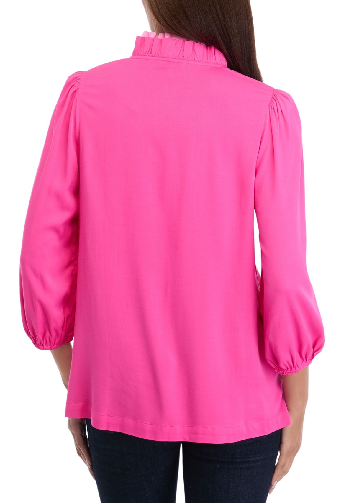 Womens Blouson Sleeve Ruffle Neck Top 