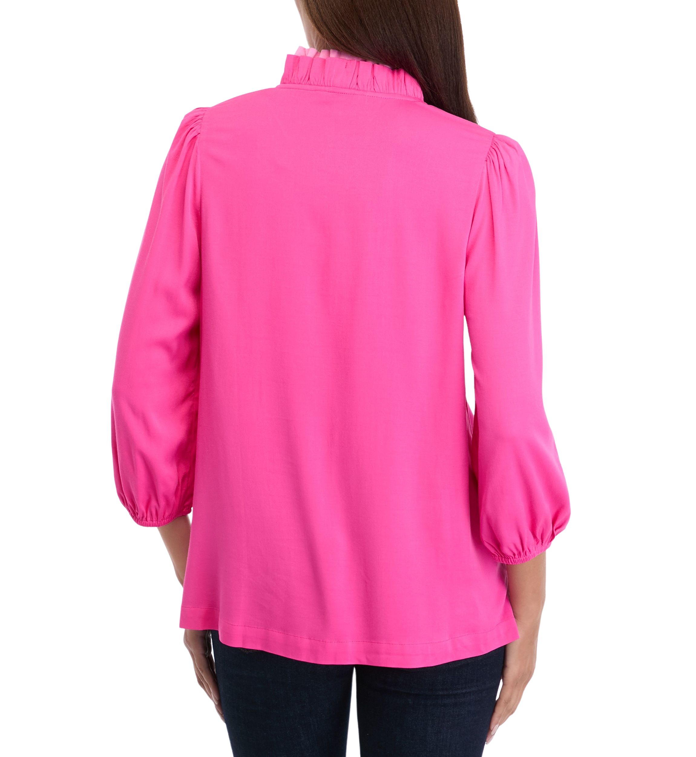 Womens Blouson Sleeve Ruffle Neck Top 