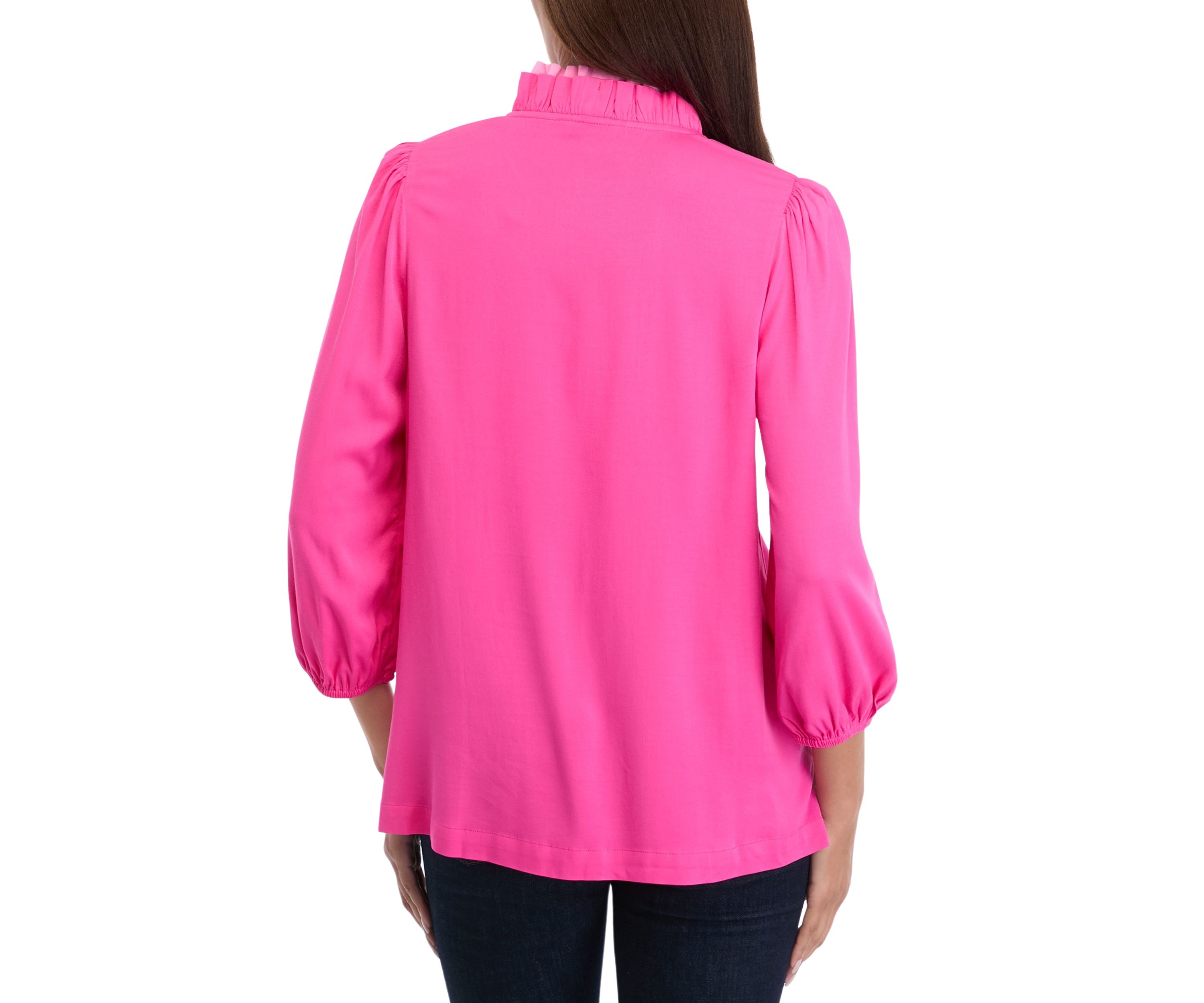 Womens Blouson Sleeve Ruffle Neck Top 