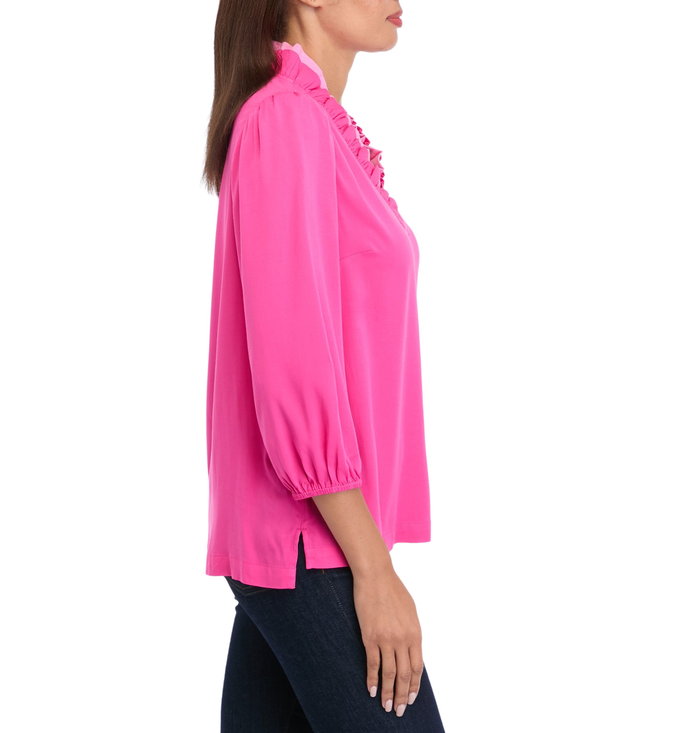 Womens Blouson Sleeve Ruffle Neck Top 