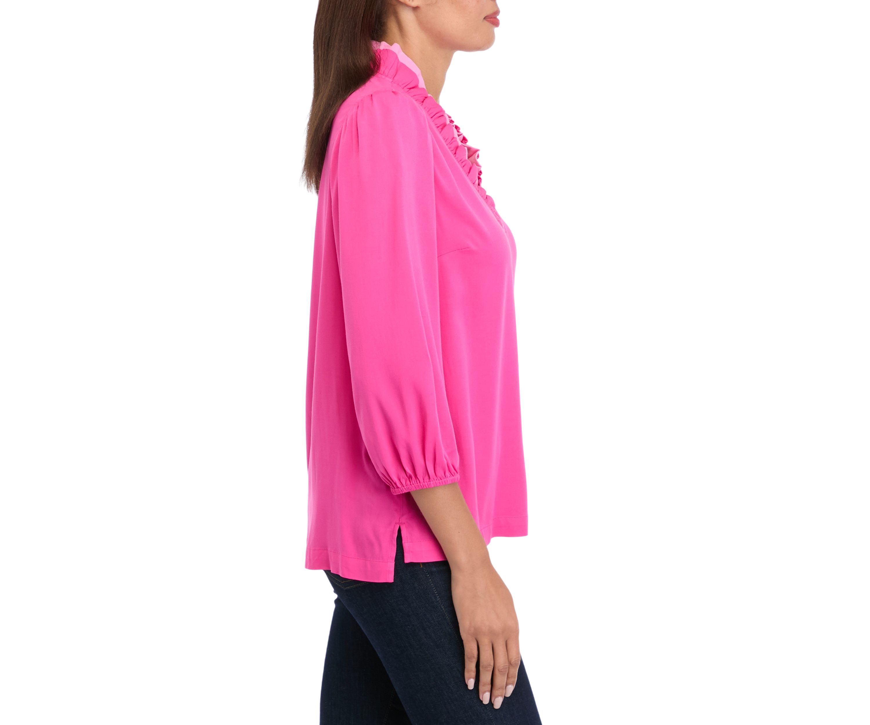 Womens Blouson Sleeve Ruffle Neck Top 