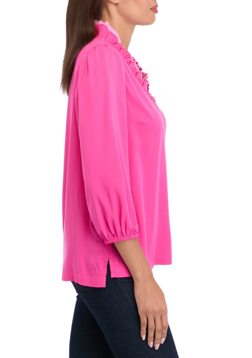 Womens Blouson Sleeve Ruffle Neck Top 