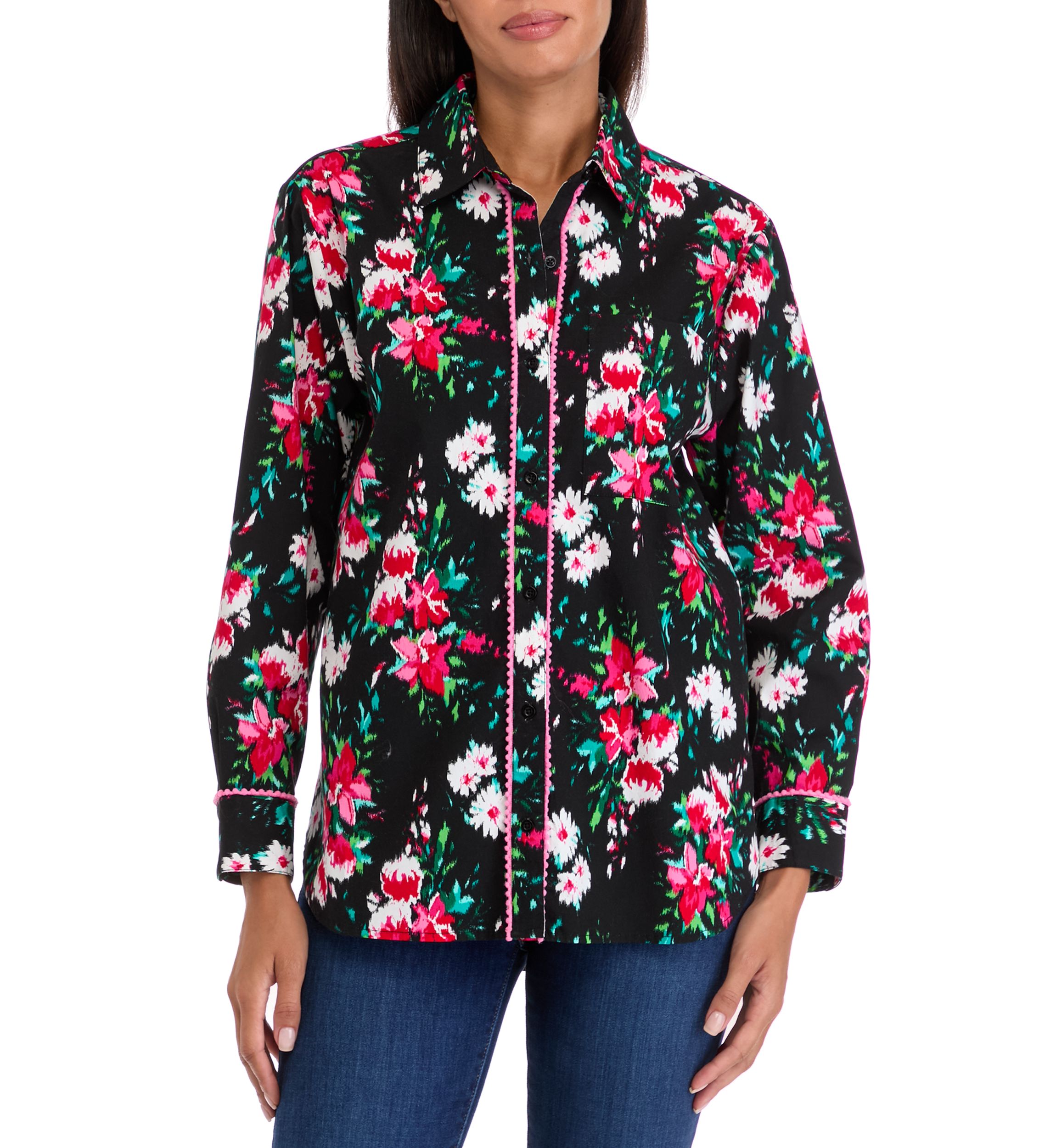 Womens Button Front Printed Blouse