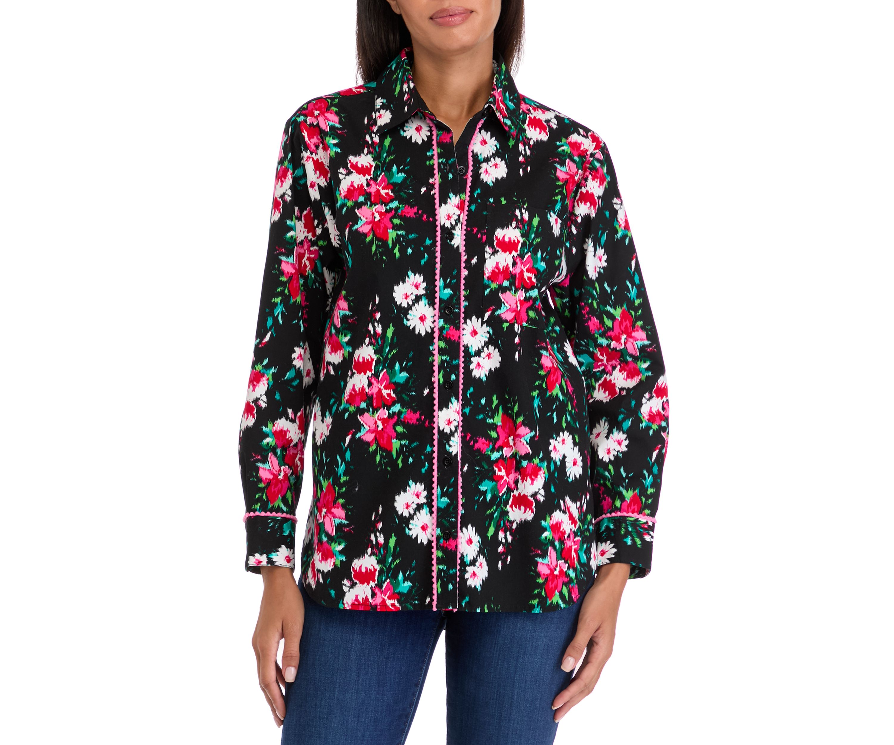 Womens Button Front Printed Blouse