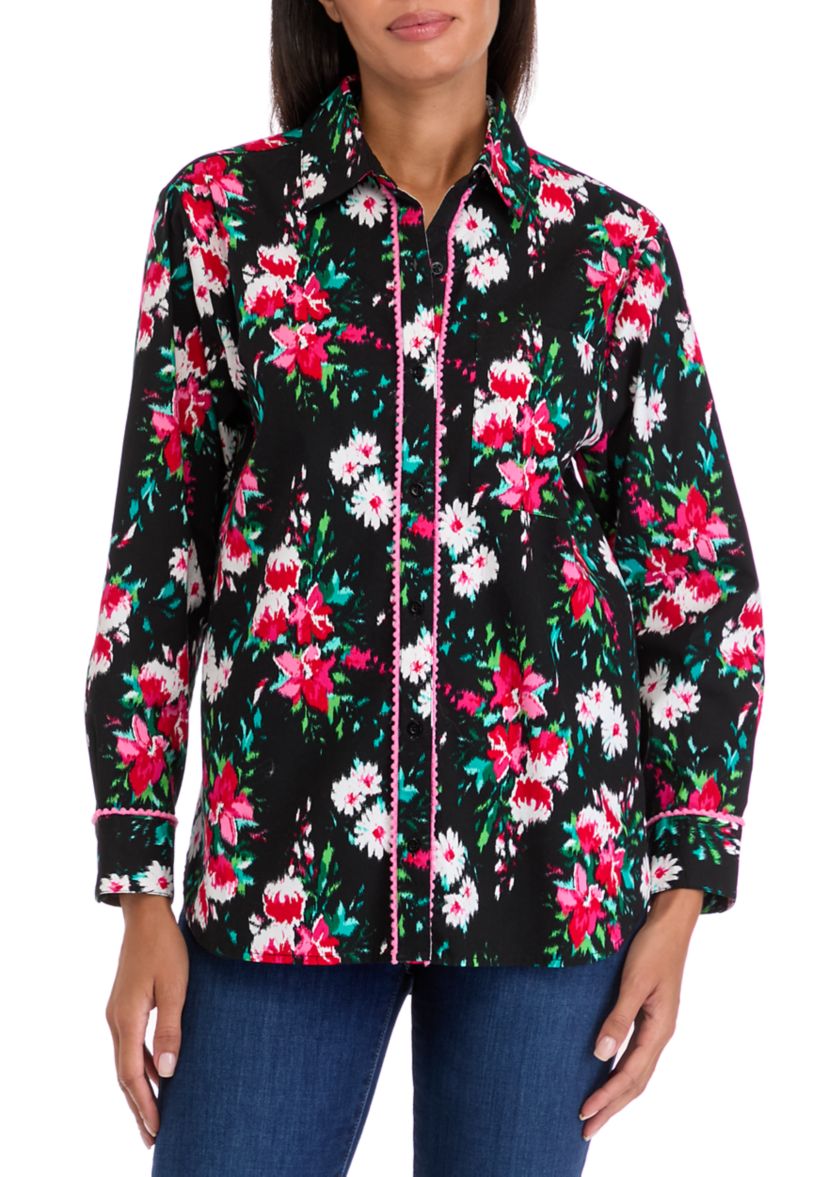 Womens Button Front Printed Blouse