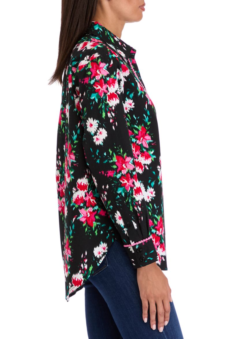 Womens Button Front Printed Blouse
