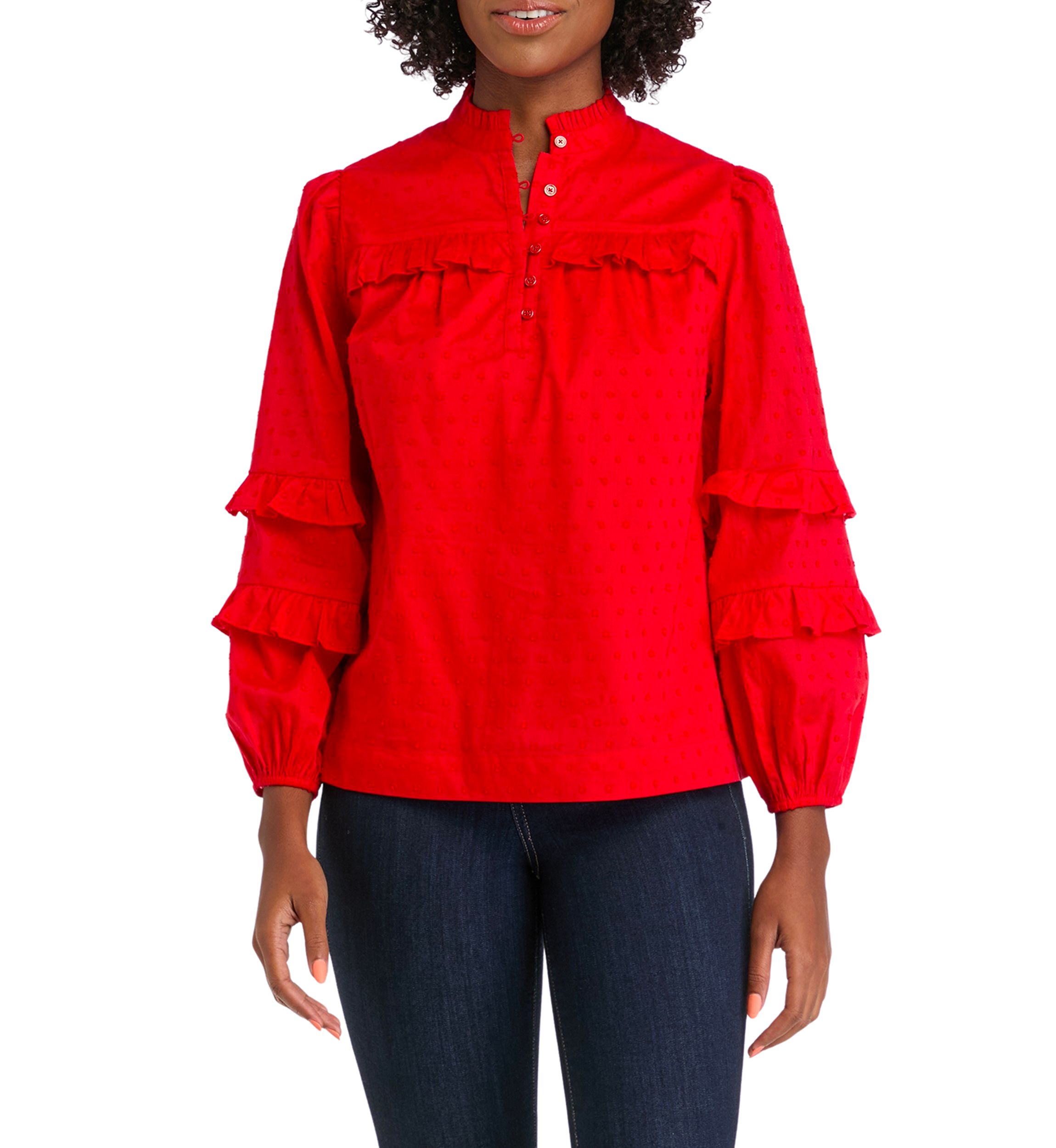 Womens Solid Ruffle Sleeve Top
