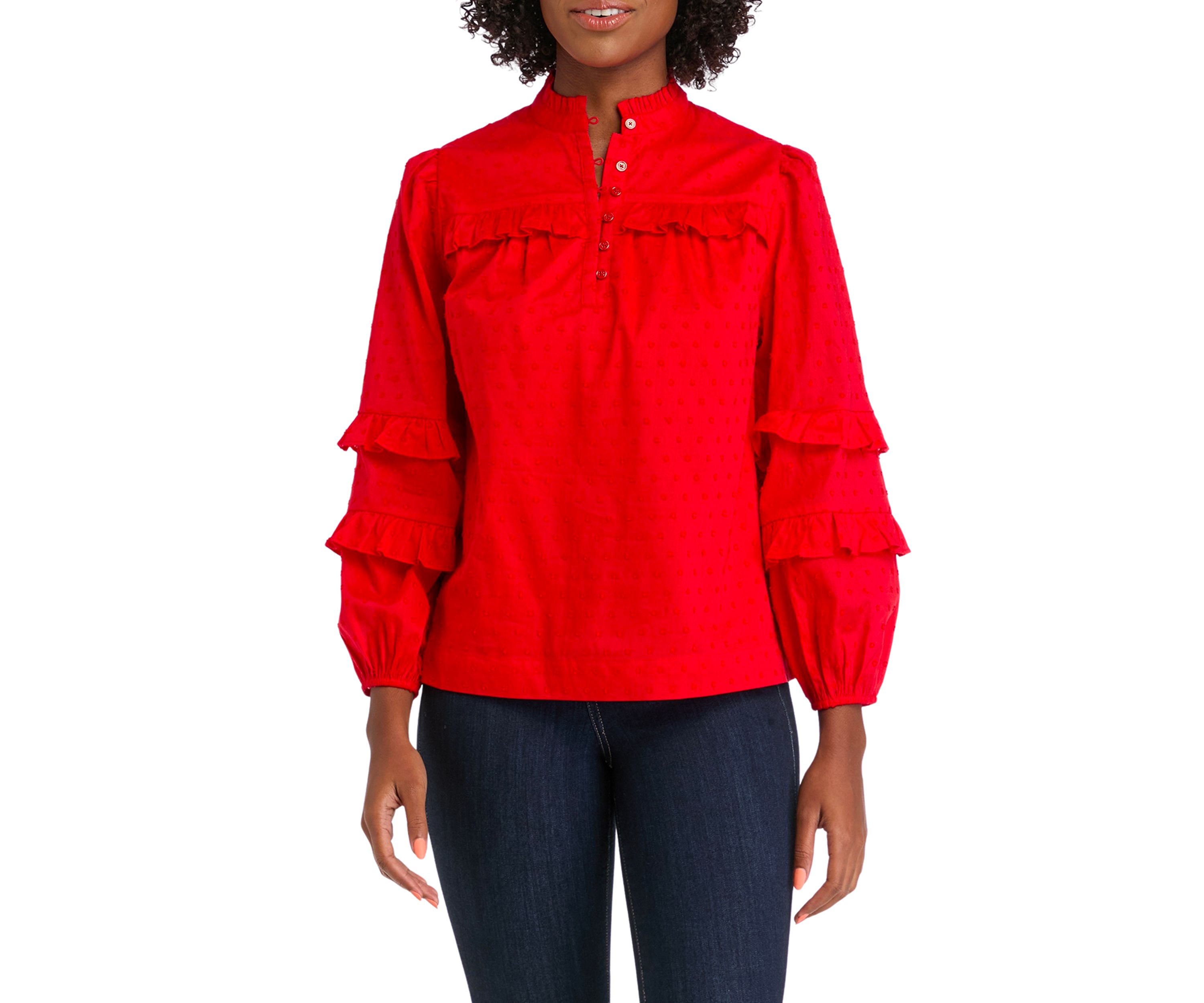 Womens Solid Ruffle Sleeve Top