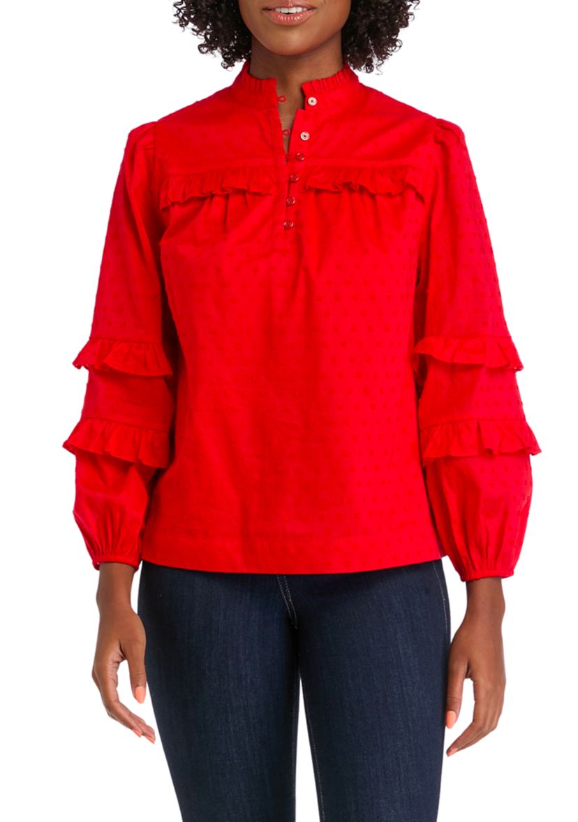 Womens Solid Ruffle Sleeve Top