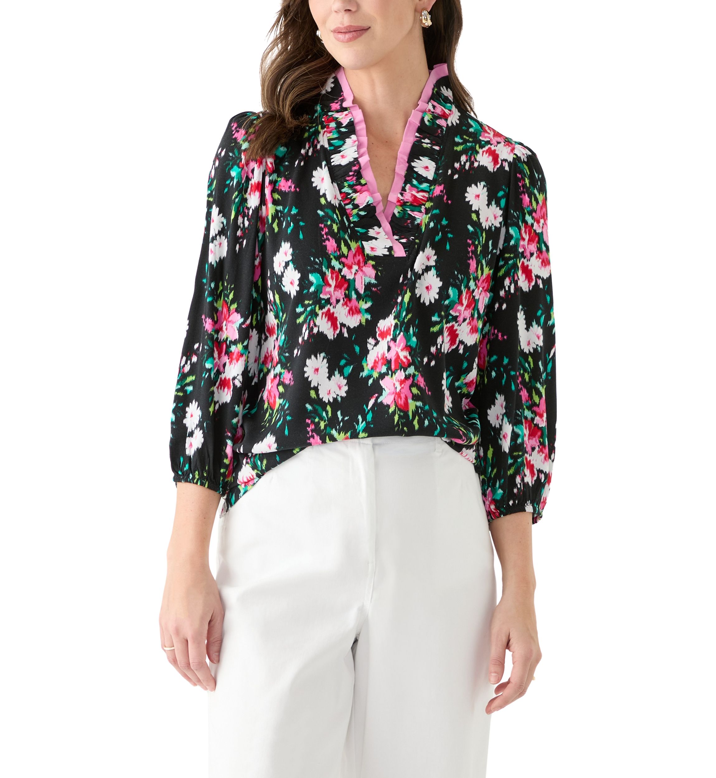 Womens 3/4 Sleeve Double Ruffle Neck Printed Top